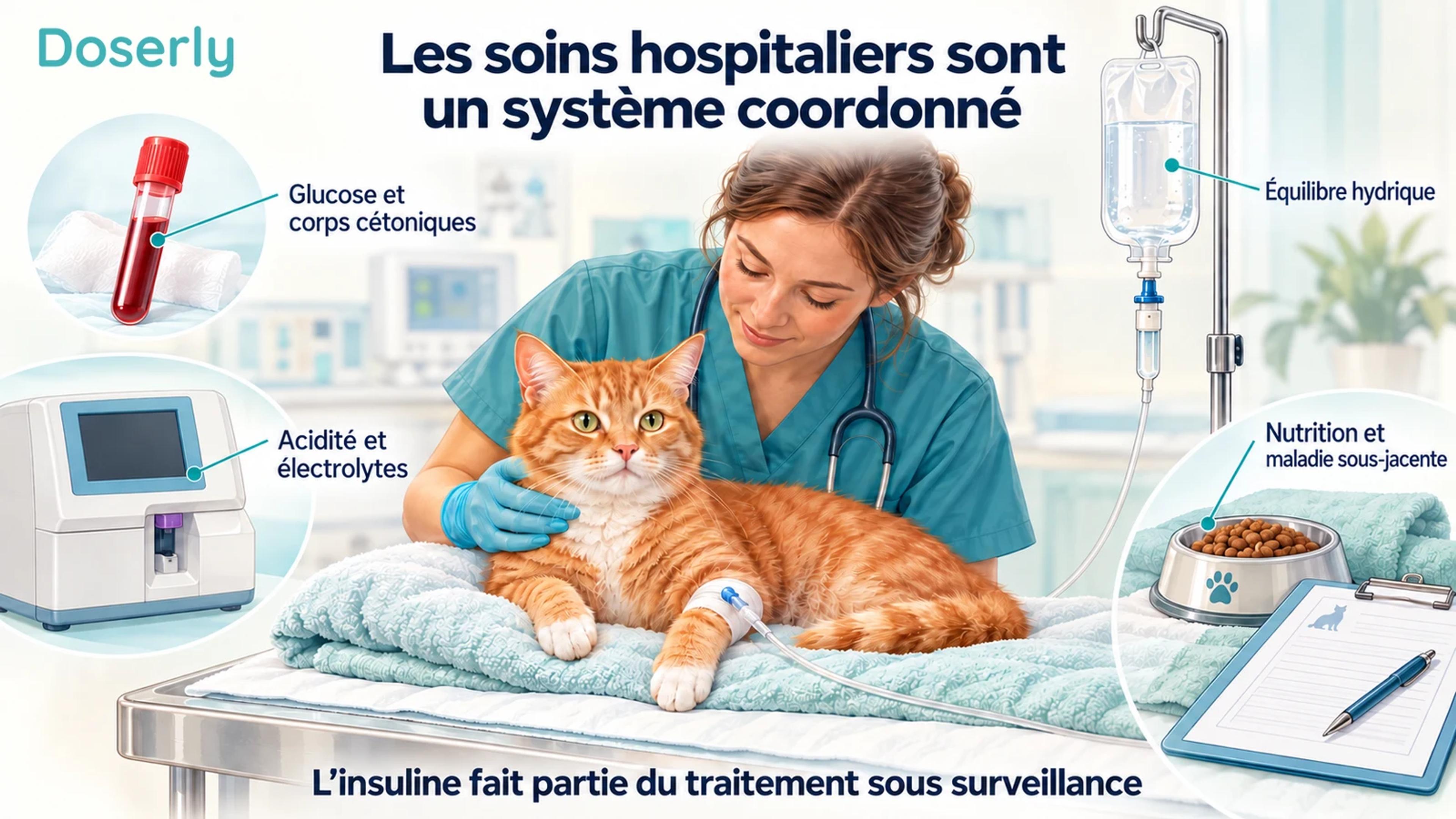 Un vétérinaire soigne un chat hospitalisé, entouré d’illustrations d’analyses sanguines, d’un analyseur, de liquides et de nutrition.