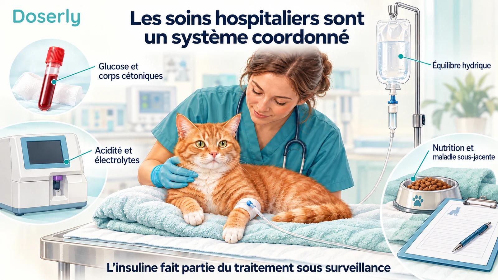 Un vétérinaire soigne un chat hospitalisé, entouré d’illustrations d’analyses sanguines, d’un analyseur, de liquides et de nutrition.