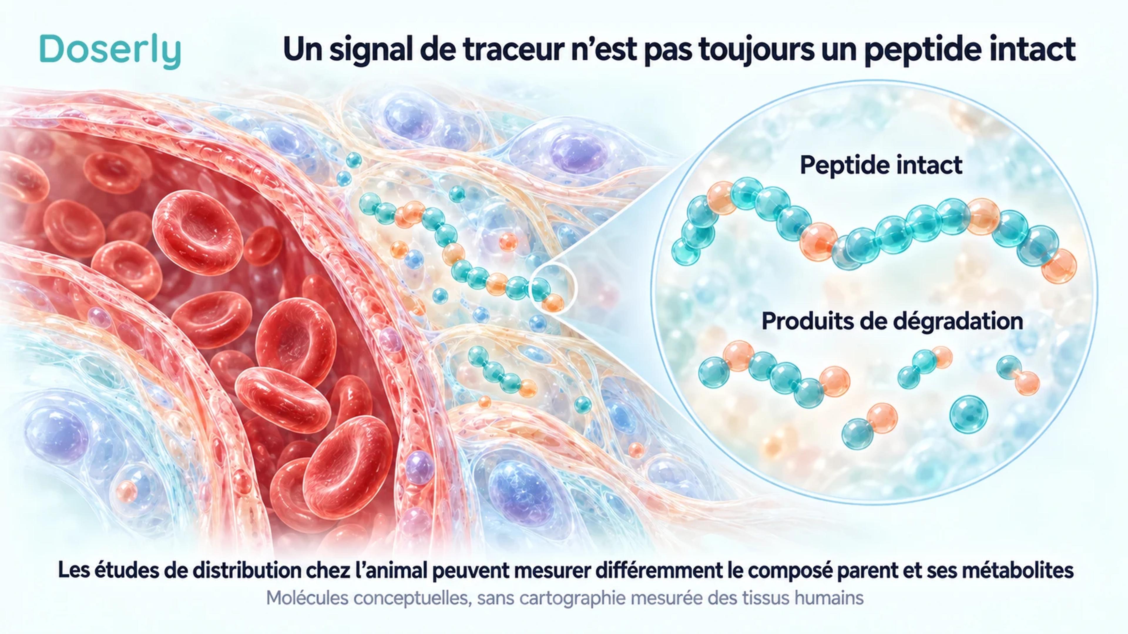 Des illustrations conceptuelles de capillaires et de chaînes peptidiques distinguent le peptide intact des produits de dégradation plus petits détectés dans la recherche sur la distribution.