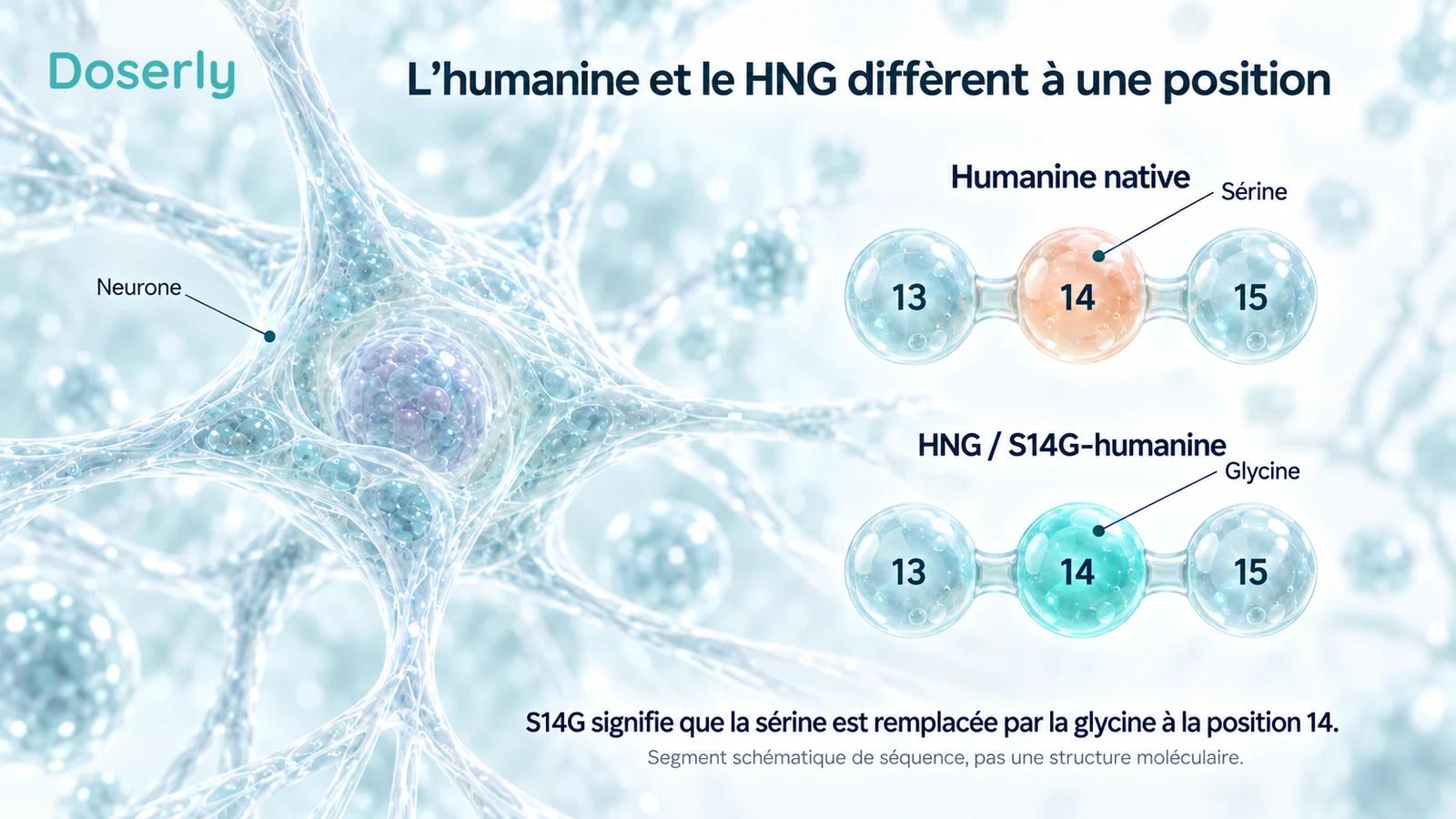 Deux segments schématiques de peptides montrent la sérine à la position 14 de l’humanine native et la glycine à la même position du HNG, à côté d’un neurone détaillé.