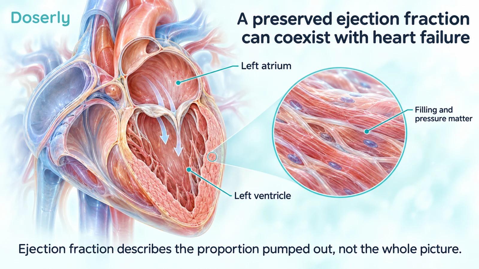 Heart cutaway showing the left atrium, left ventricle and conceptual filling flow.