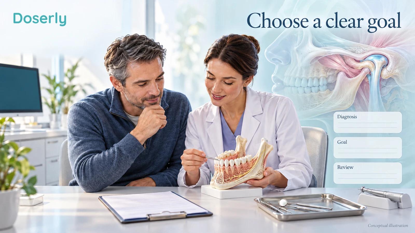 A dentist and seated adult review a jaw model and treatment notes while an unlit clinical handpiece rests nearby.