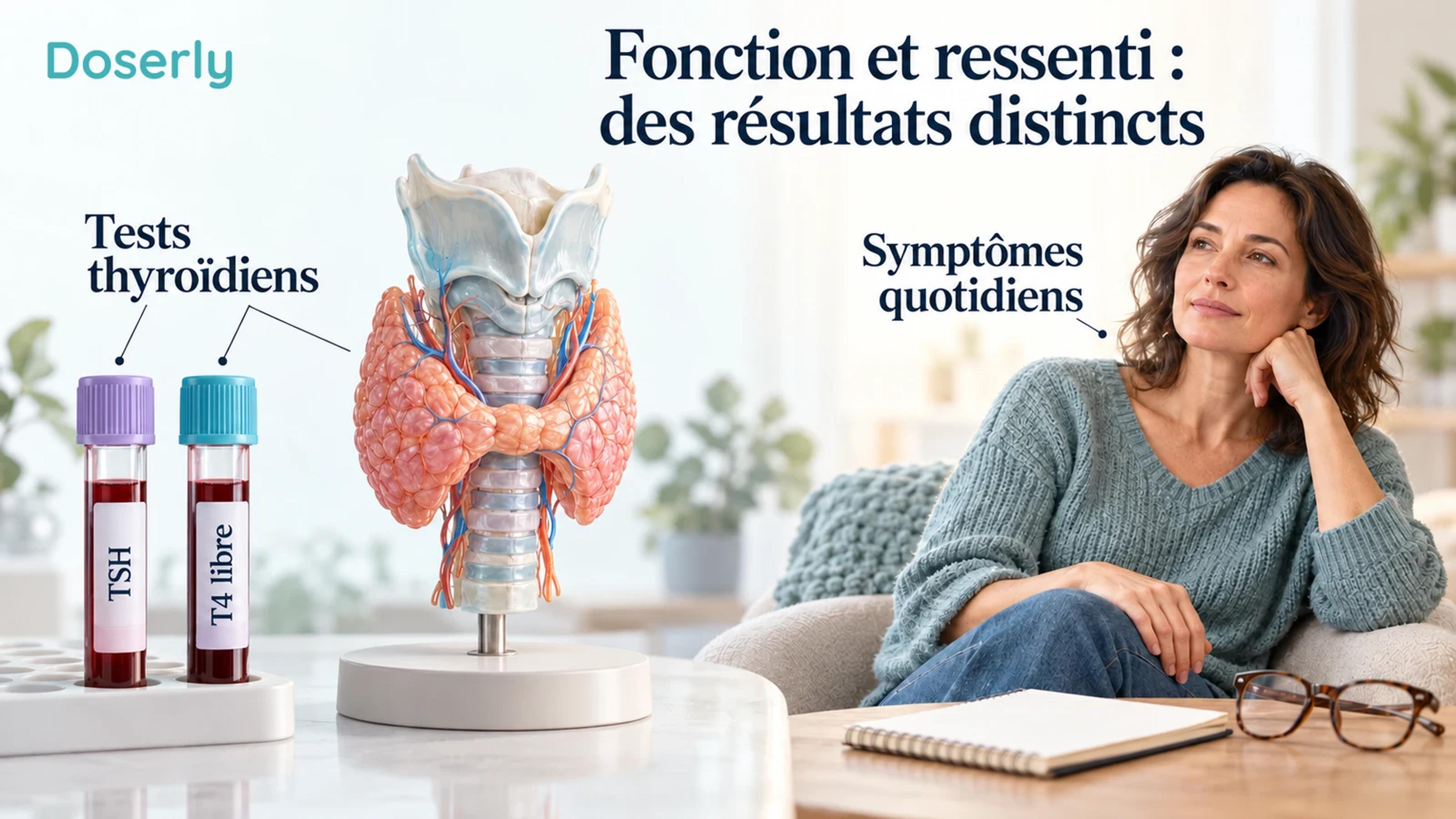 Des tubes de prélèvement sanguin, un modèle conceptuel de thyroïde et une femme qui se repose dans un fauteuil illustrent des résultats différents du traitement.