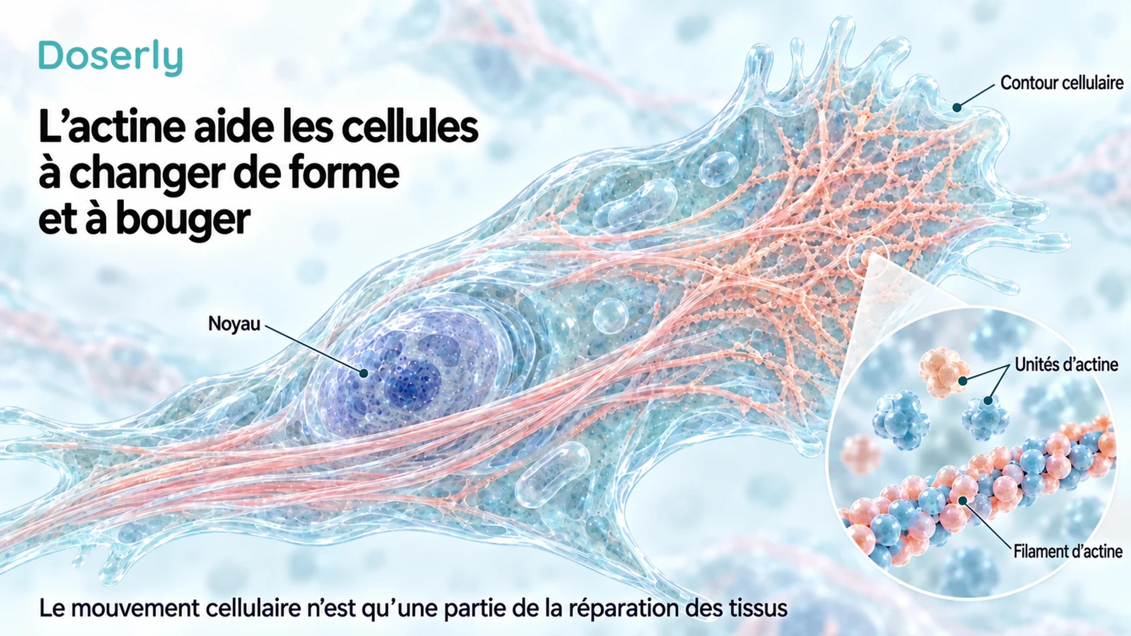Cellule translucide avec des filaments d’actine près de son contour et une vue agrandie d’unités individuelles d’actine et d’un filament assemblé.