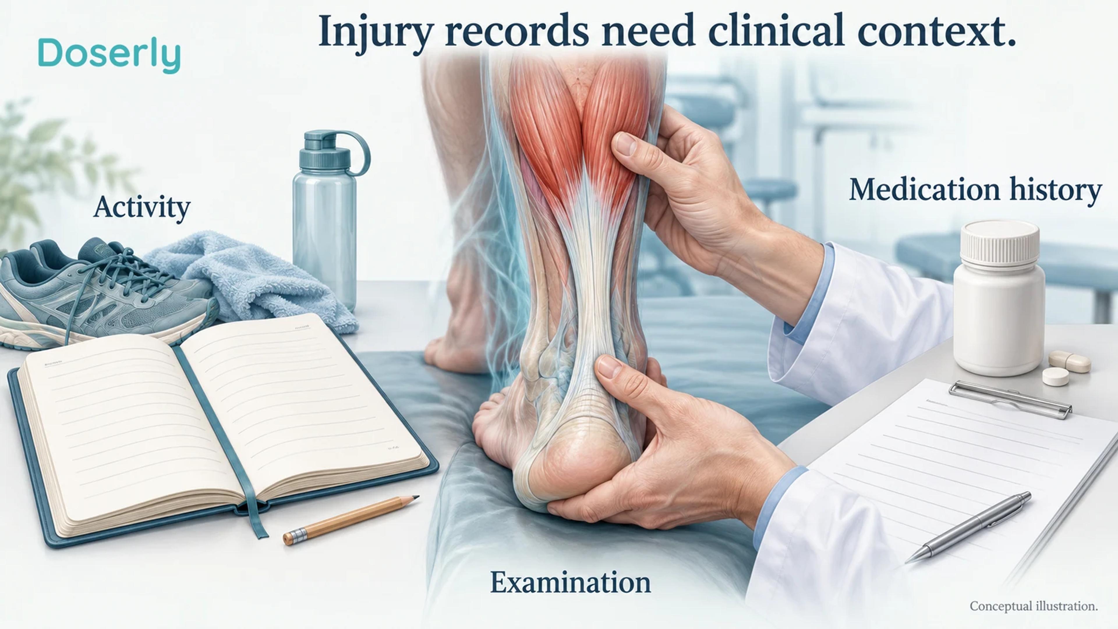 Conceptual clinician assessment combines a tendon examination, an unnumbered activity diary and a plain medication container.