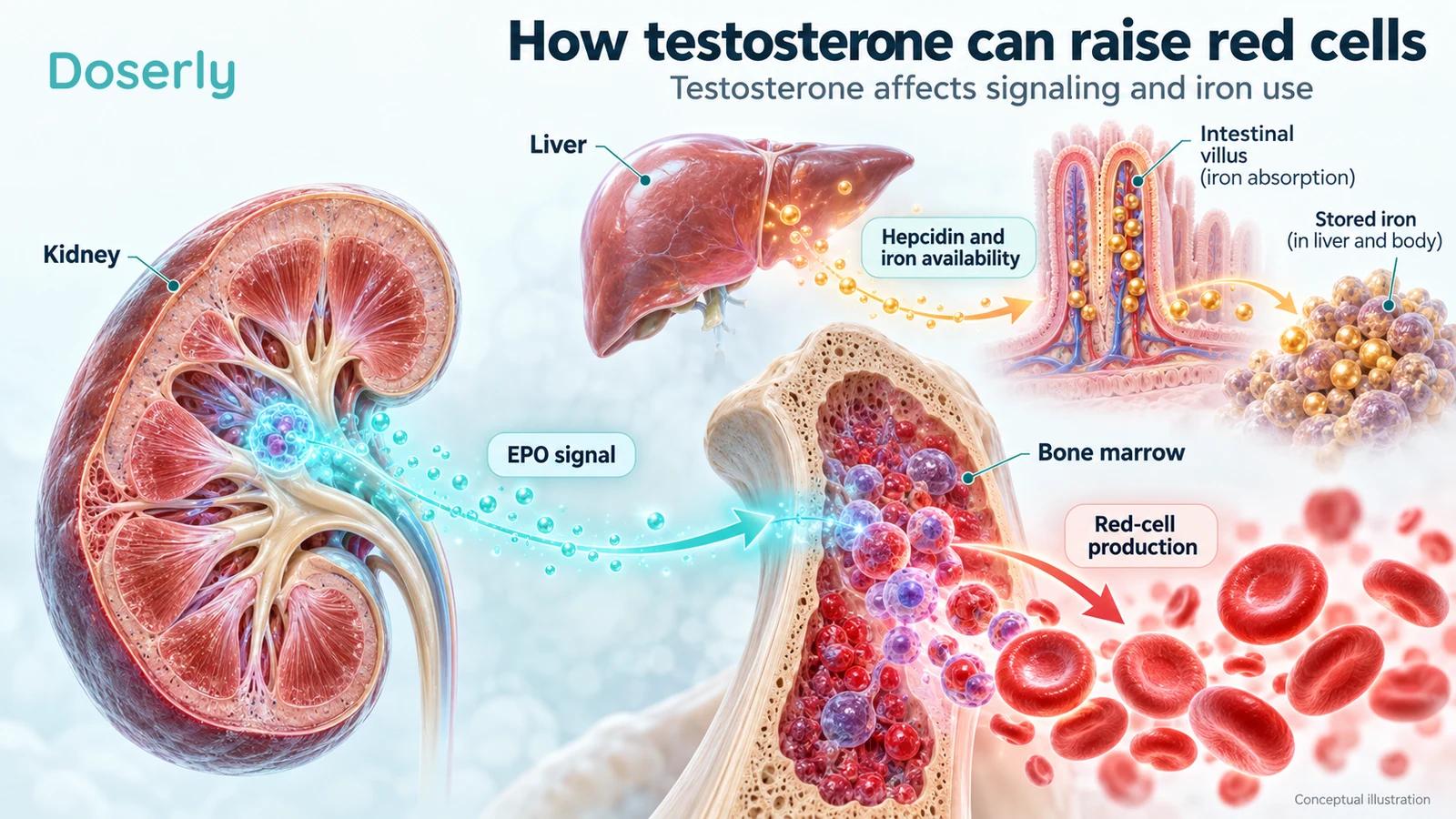 Kidney, liver, intestinal tissue and bone marrow illustrate EPO signaling, hepcidin regulation and red-cell production.