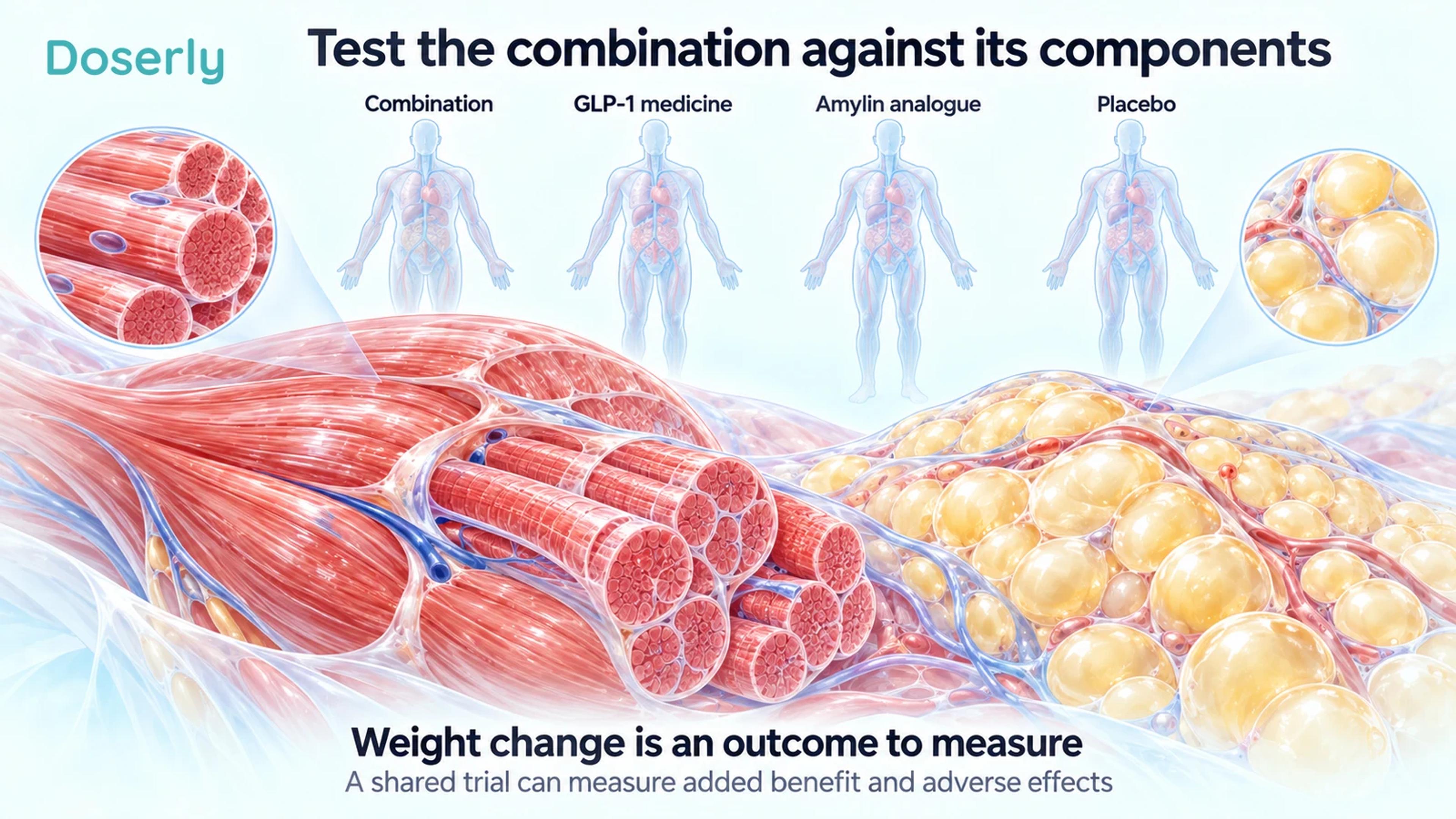 Detailed skeletal muscle and fat tissue beneath four identical atlas figures show the comparison of a combination with each component and placebo.