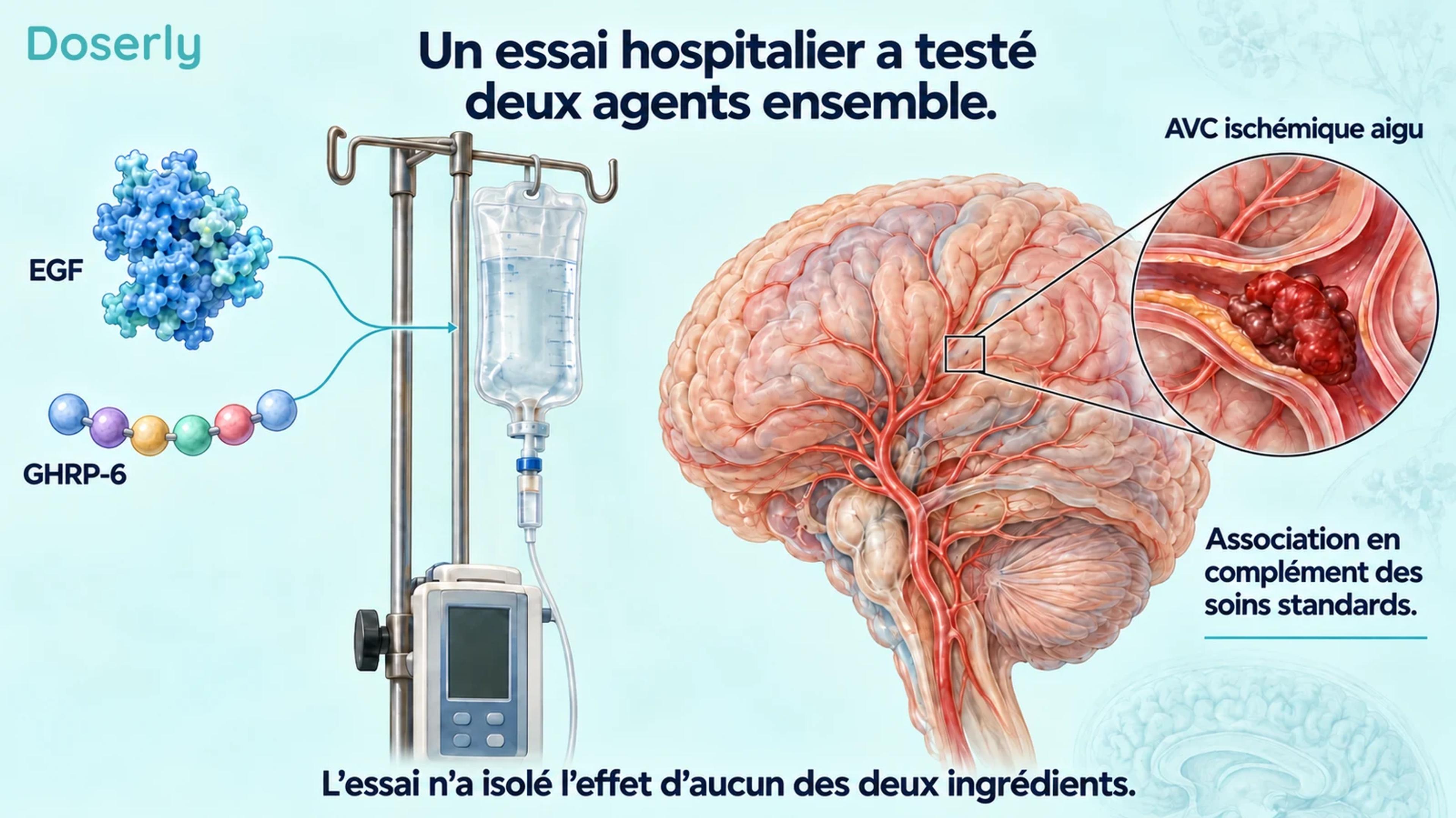 Illustration de la protéine EGF et du peptide GHRP-6 représenté par six billes, à côté de matériel intraveineux, d’un cerveau et d’une artère agrandie contenant un caillot