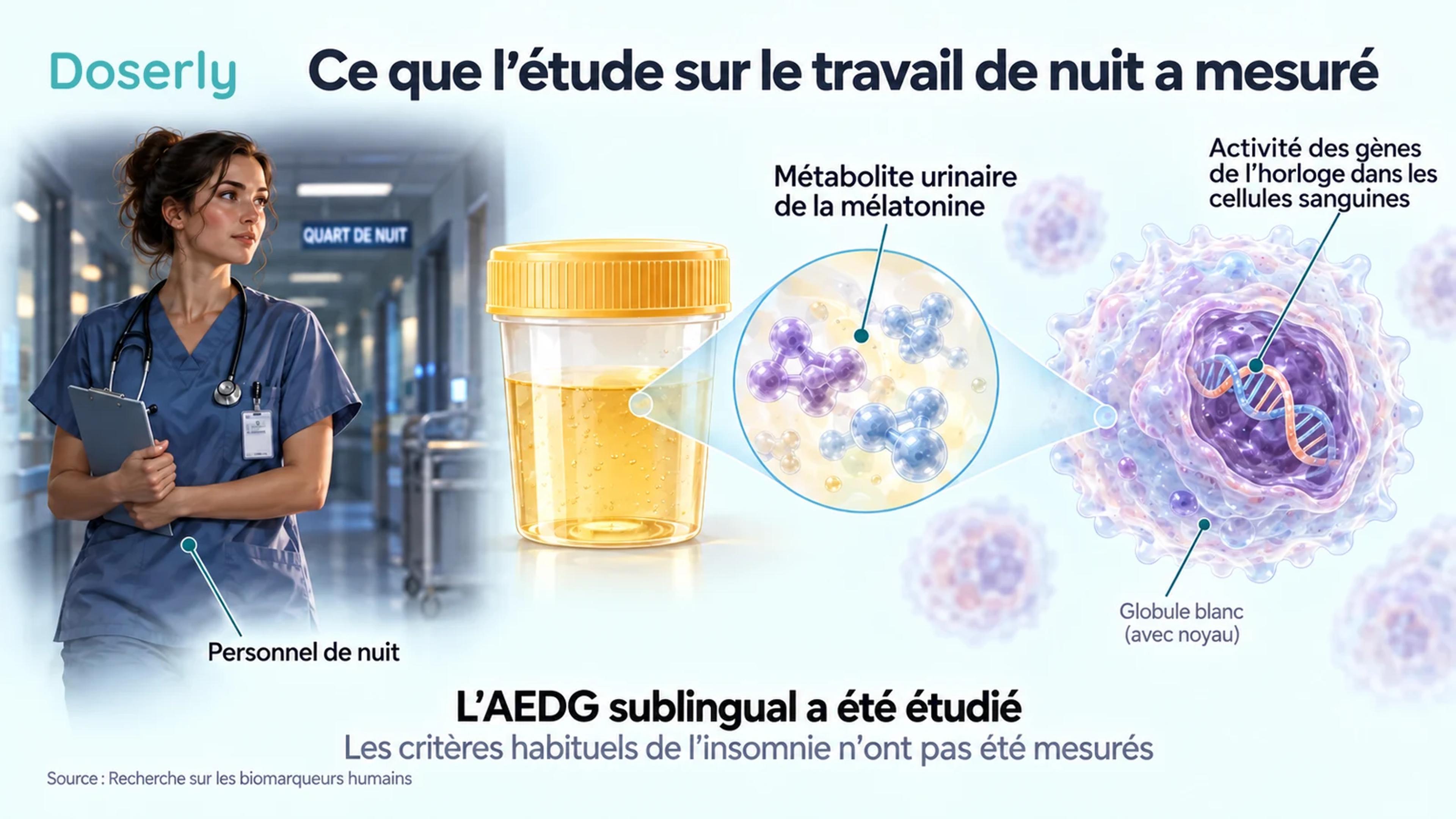 Une clinicienne travaillant de nuit, à côté d’un échantillon d’urine et d’un globule blanc agrandi, illustre les mesures biologiques de l’étude.