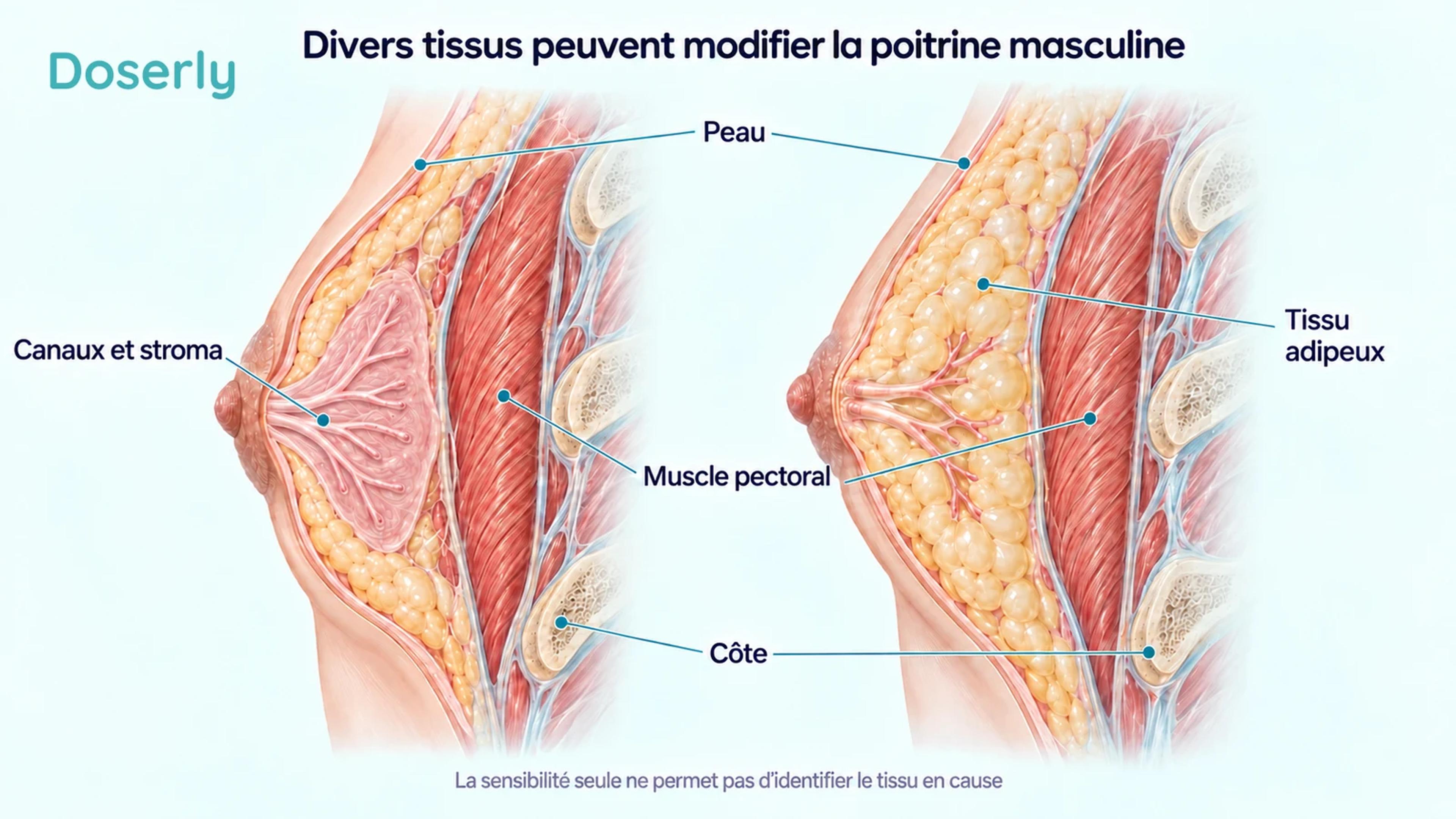 Vues en coupe détaillées de la poitrine masculine comparant les canaux sous-aréolaires et le stroma fibreux au tissu adipeux, avec des repères pour la peau, les muscles et les côtes.
