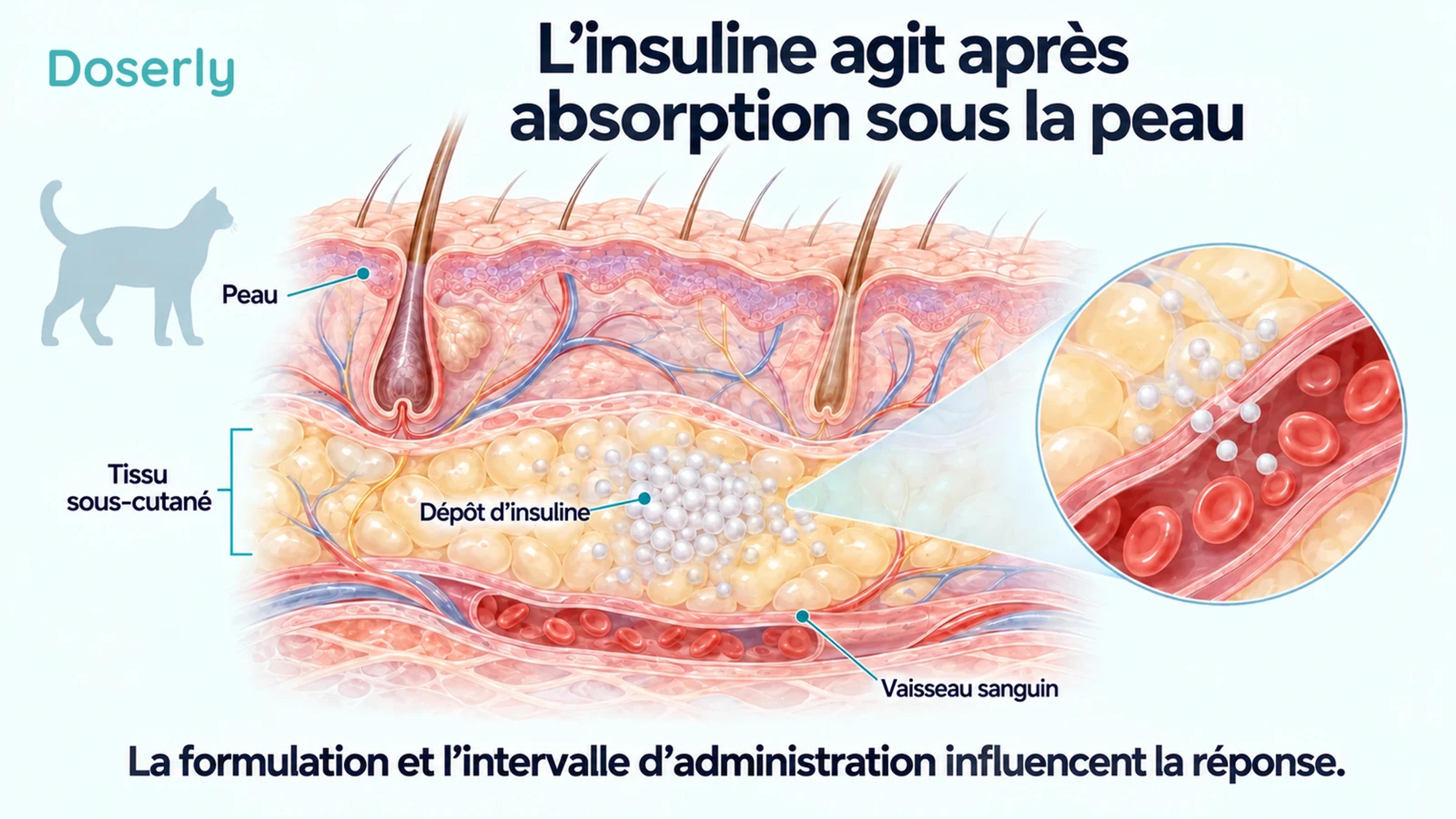 Coupe détaillée de la peau d’un chat montrant un dépôt conceptuel d’insuline dans le tissu sous-cutané et un vaisseau sanguin à proximité.