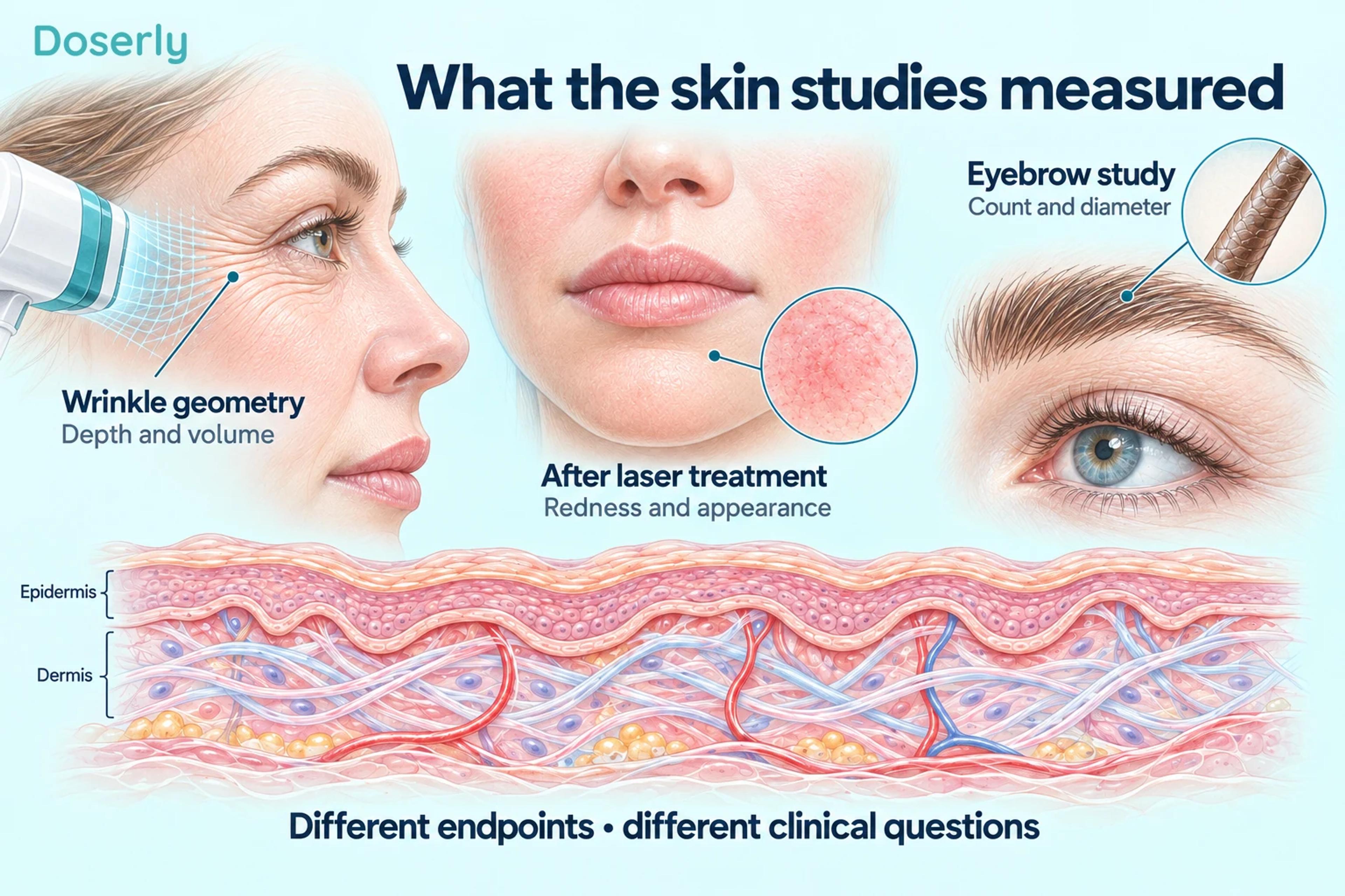 Detailed illustrations of facial wrinkle scanning, post-laser skin assessment, and eyebrow hair measurement