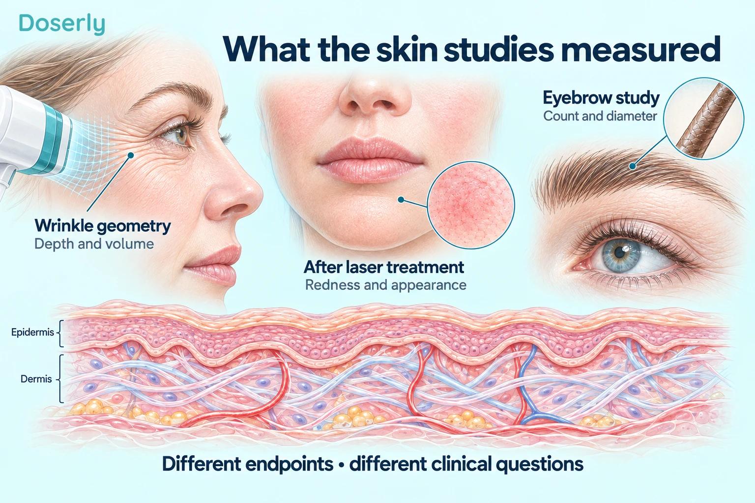 Detailed illustrations of facial wrinkle scanning, post-laser skin assessment, and eyebrow hair measurement