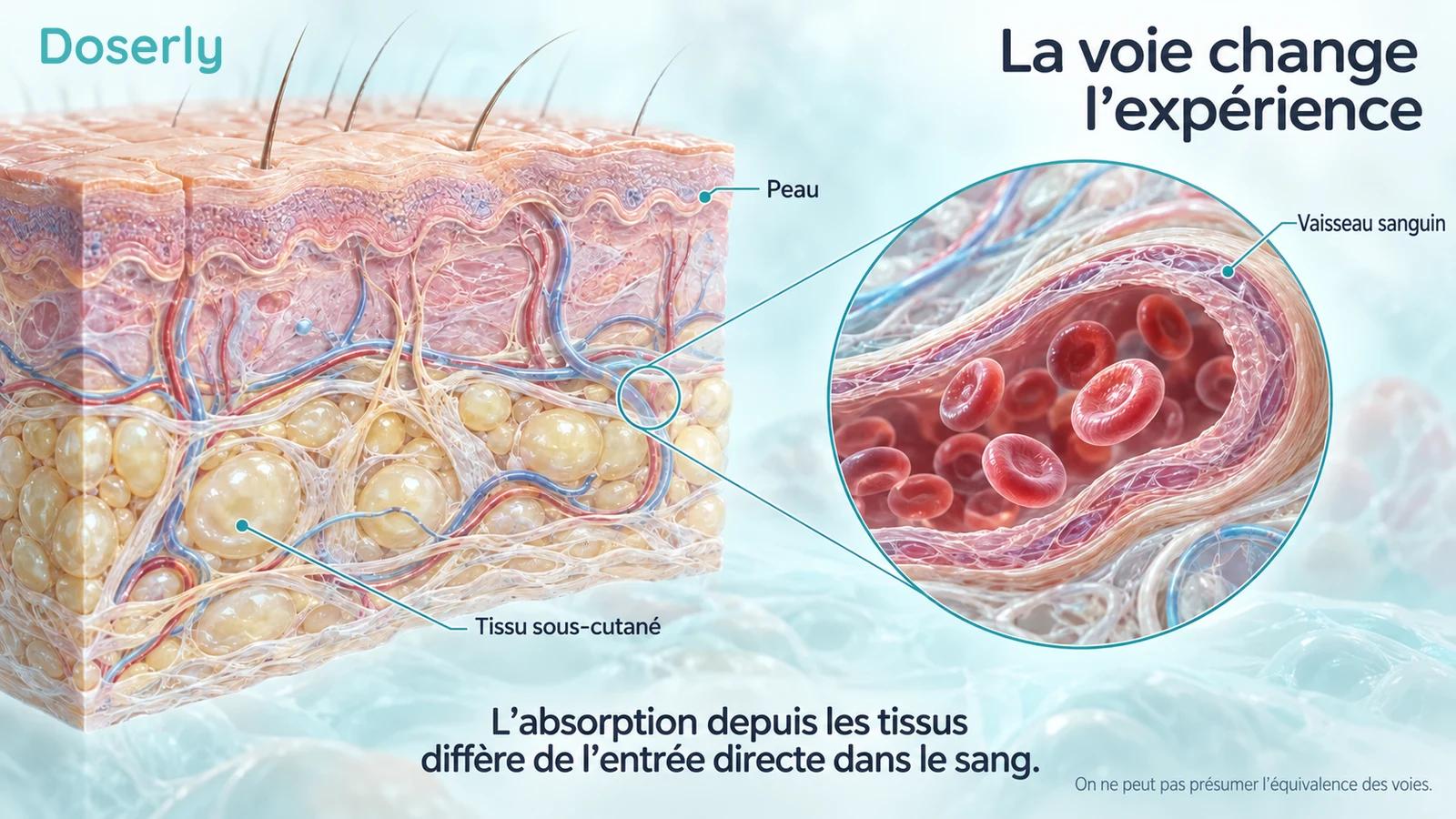 La peau, le tissu sous-cutané et un vaisseau sanguin agrandi distinguent l’absorption de l’entrée directe dans la circulation.