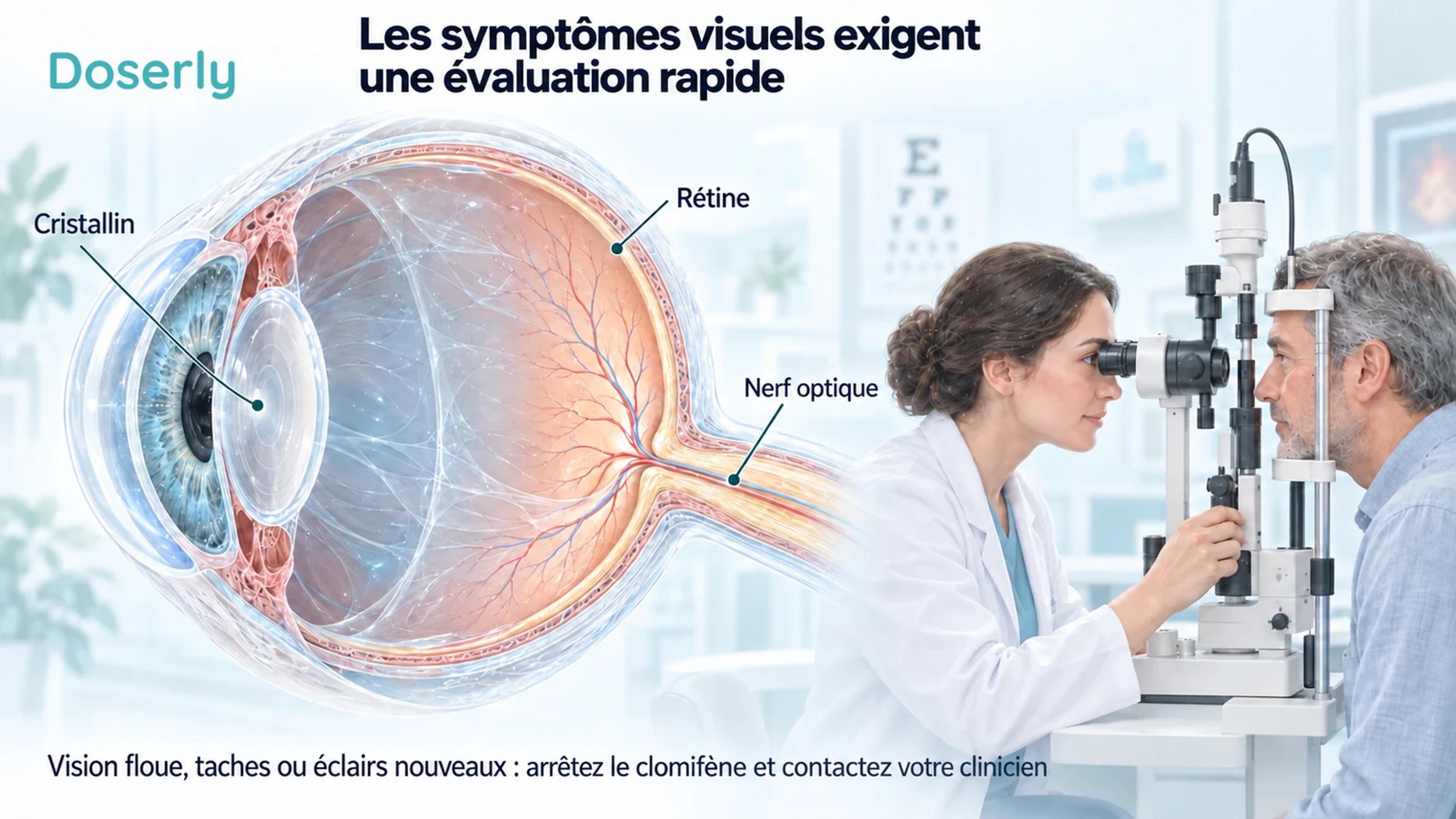 Une coupe d’un œil normal identifie le cristallin, la rétine et le nerf optique à côté d’un patient adulte qui passe un examen à la lampe à fente.