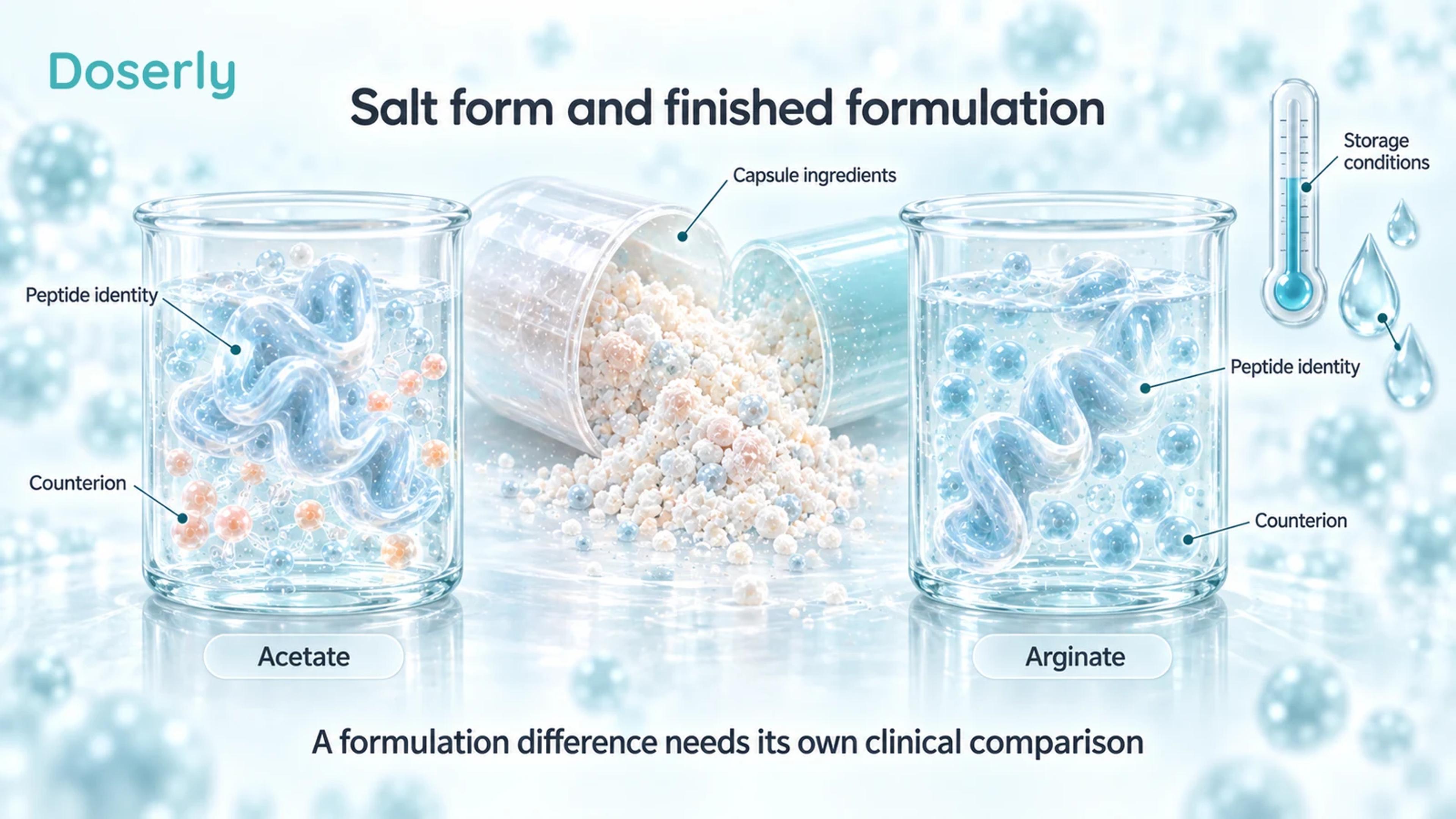 Two conceptual peptide formulations beside a capsule cutaway and storage-condition symbols.