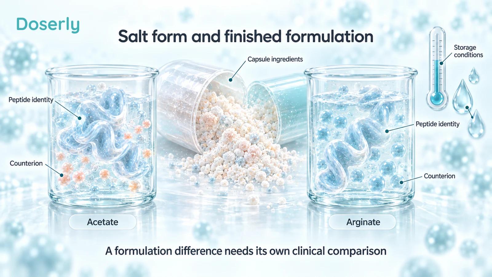 Two conceptual peptide formulations beside a capsule cutaway and storage-condition symbols.