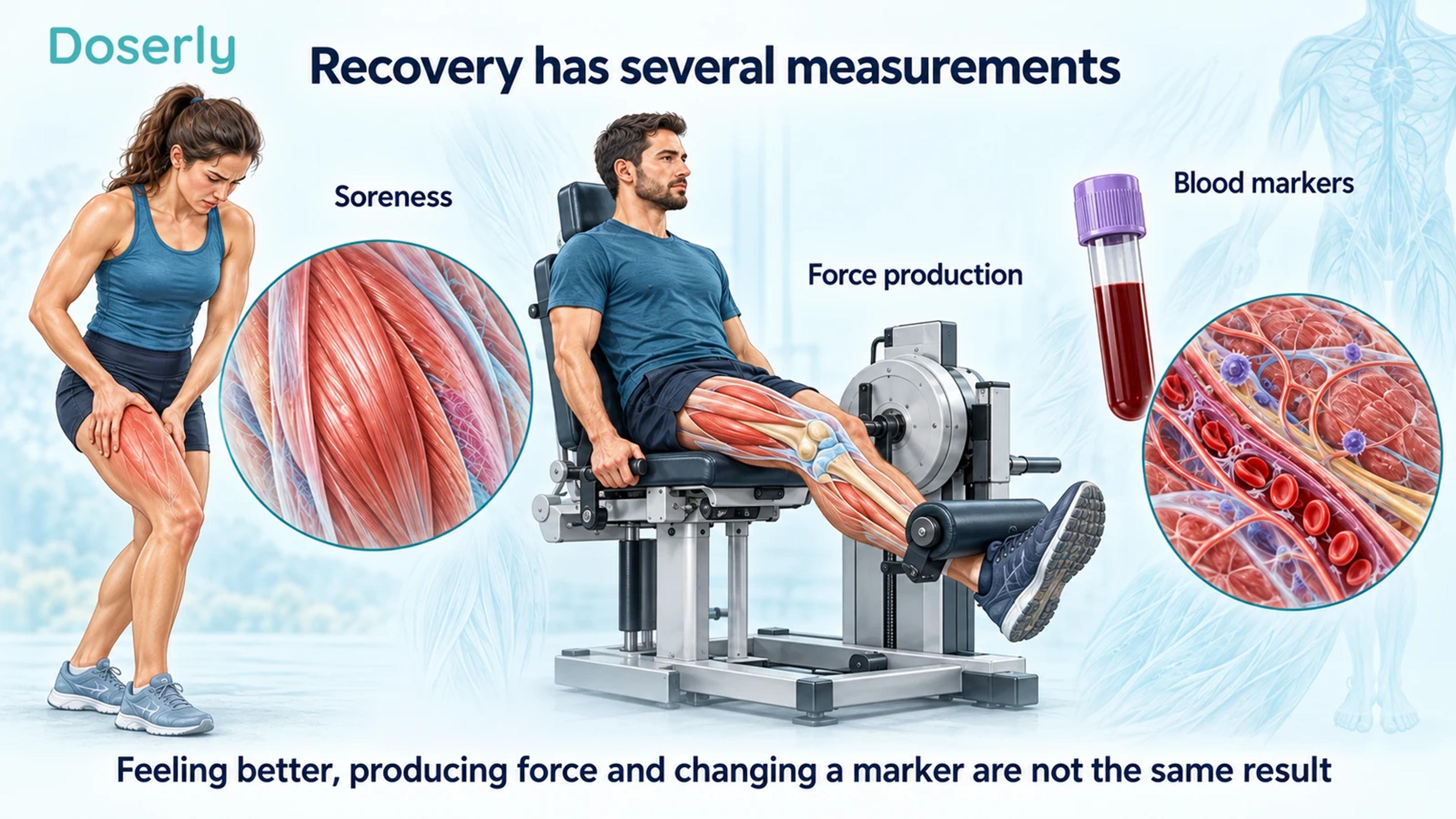 Illustrations of soreness, a knee-extension strength test and a blood sample distinguish recovery measurements.