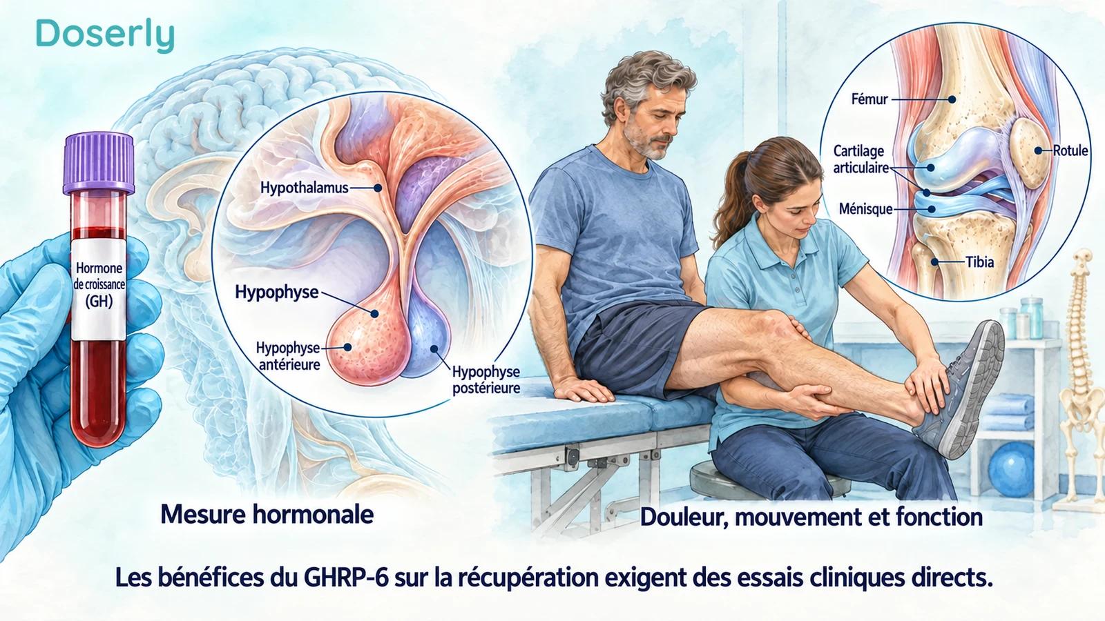 Mesure hormonale à côté d’un physiothérapeute évaluant le mouvement du genou et d’une représentation conceptuelle de l’anatomie du genou.