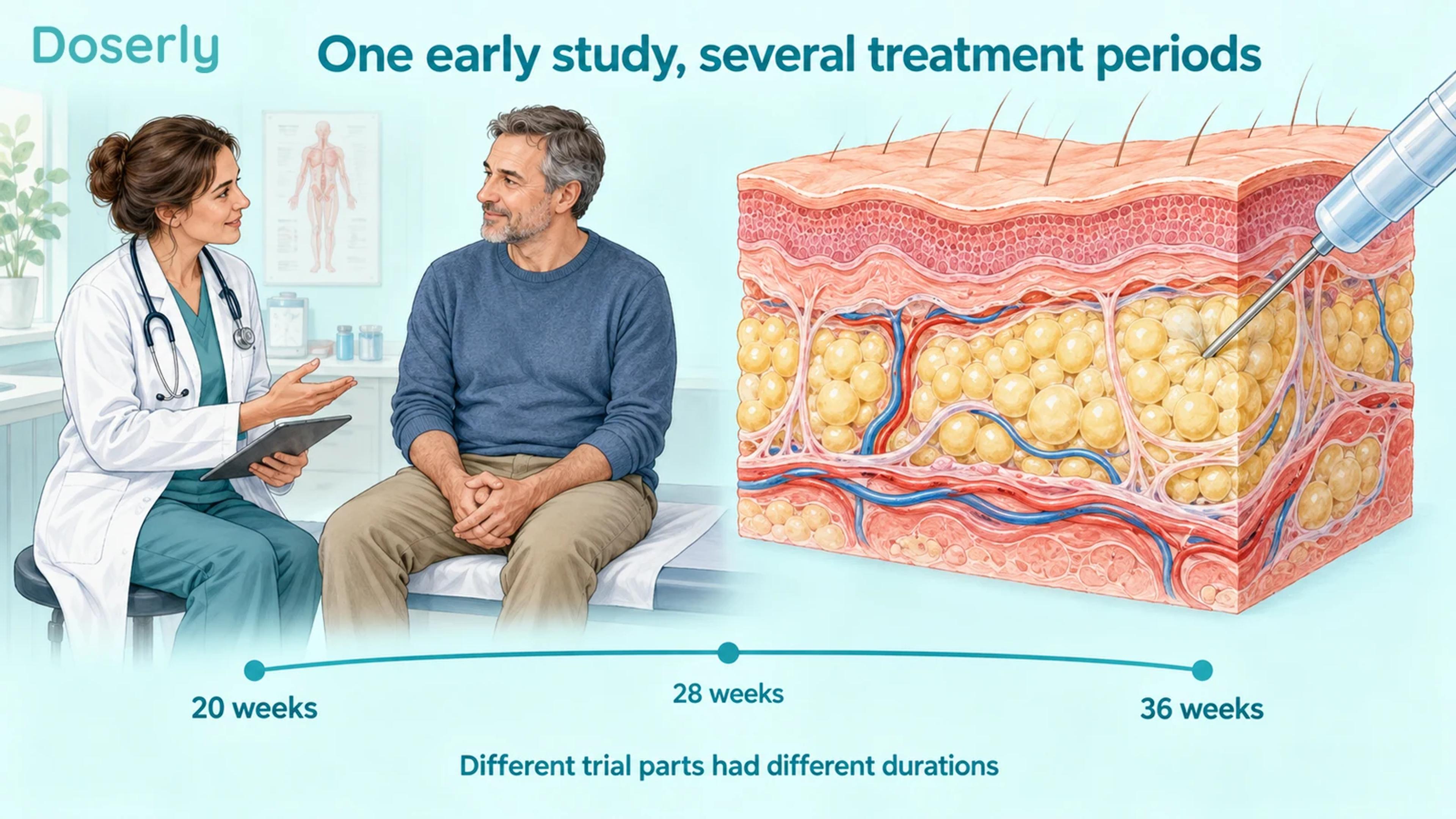 Illustrated clinical study visit beside subcutaneous anatomy and labels for 20, 28 and 36 weeks.