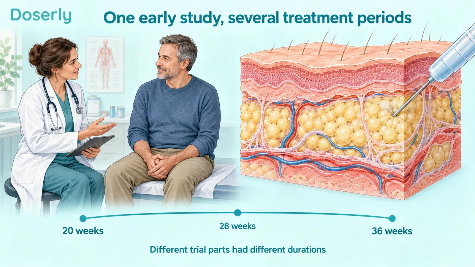 Illustrated clinical study visit beside subcutaneous anatomy and labels for 20, 28 and 36 weeks.