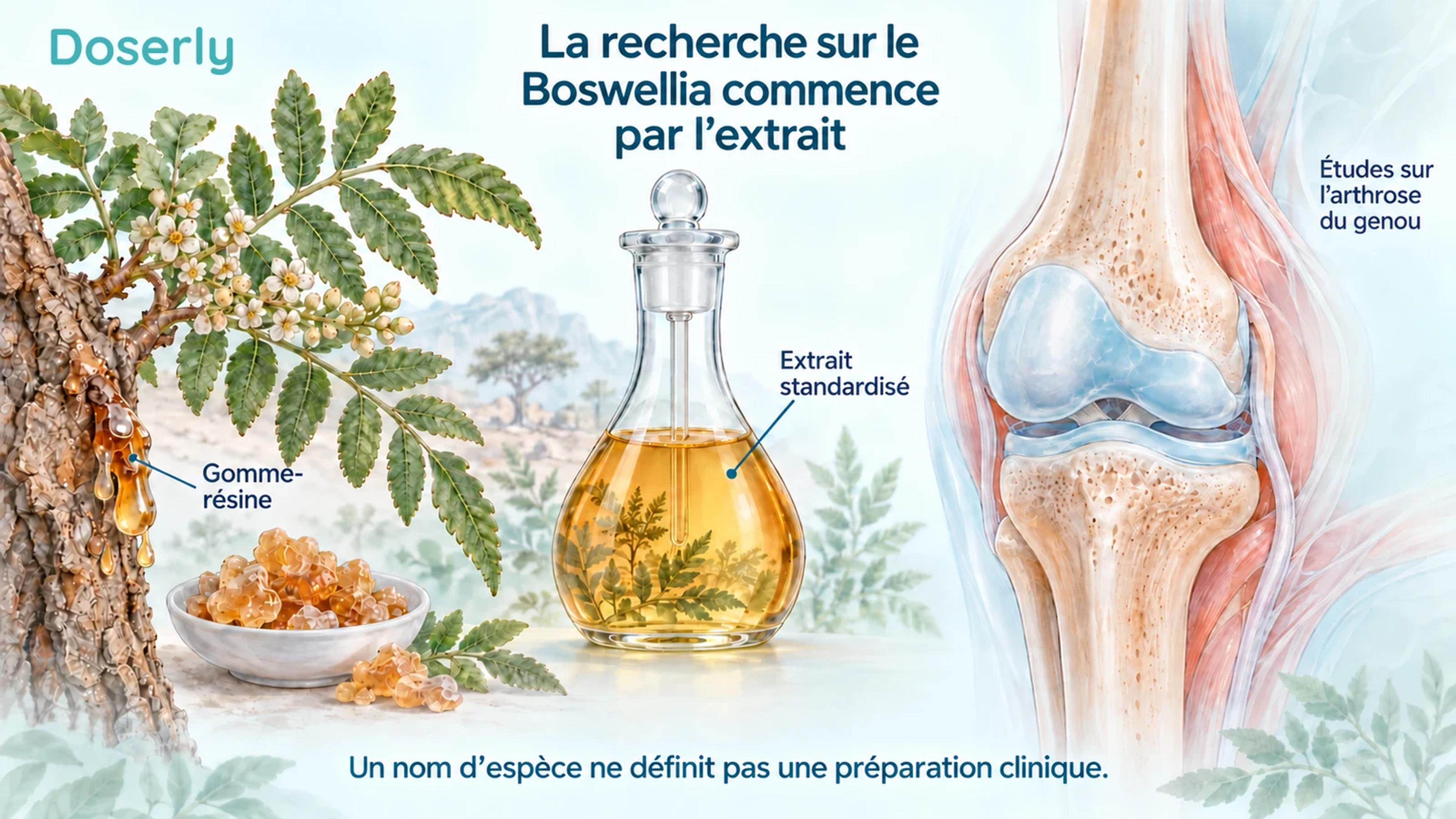 Des feuilles de Boswellia serrata, de la résine d’écorce et un récipient d’extraction apparaissent à côté d’une vue anatomique détaillée du genou.