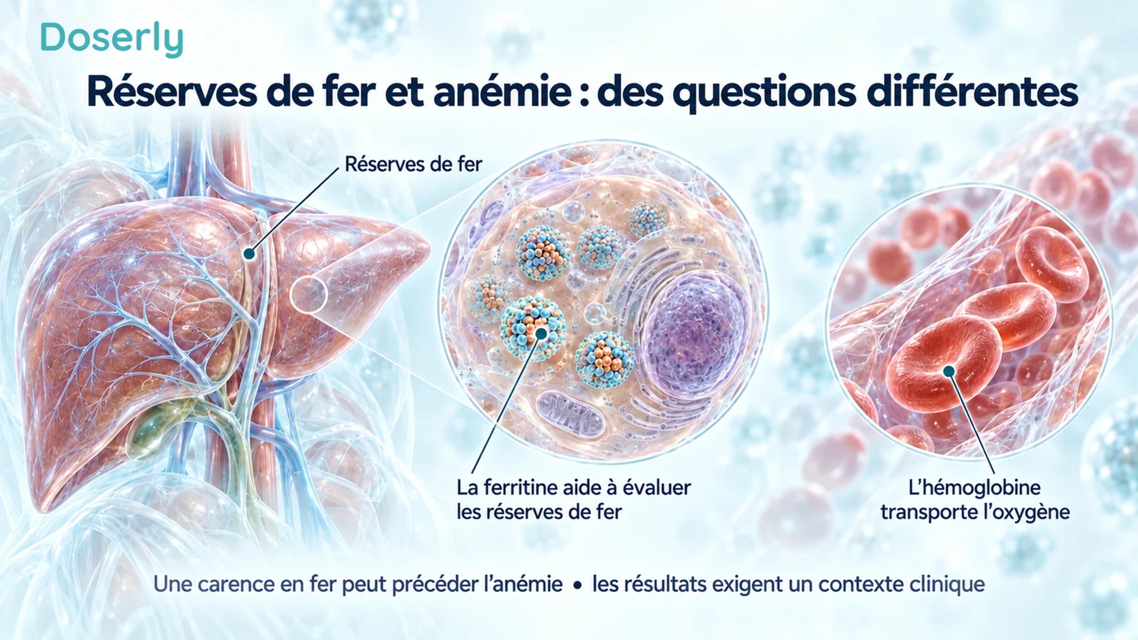 Un foie translucide, une cellule hépatique agrandie avec des particules conceptuelles de ferritine et des globules rouges illustrent les réserves de fer et l’hémoglobine comme mesures distinctes.