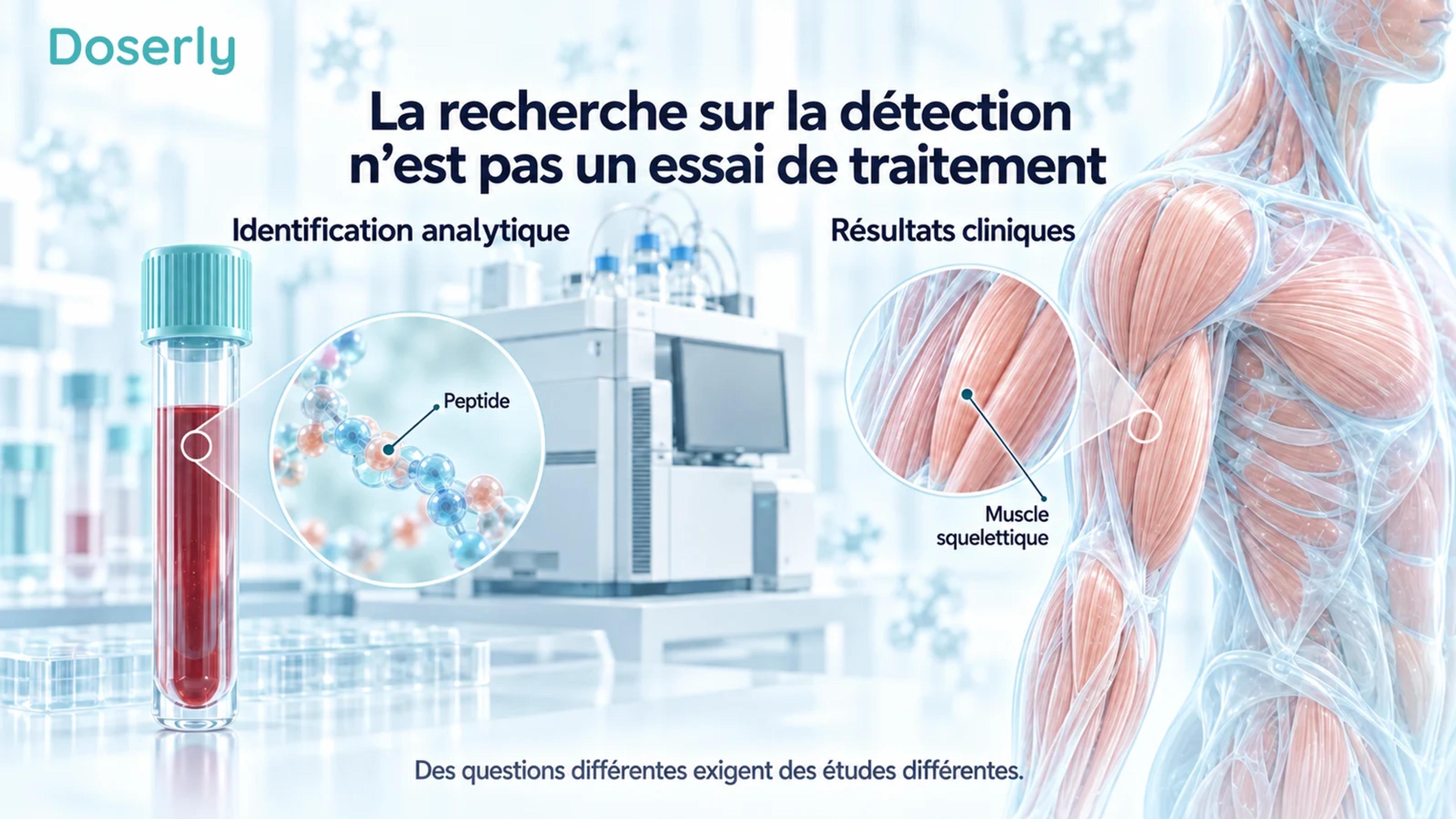 Un tube d’échantillon scellé, un peptide conceptuel et un instrument d’analyse sont séparés d’une coupe musculaire neutre pour distinguer l’identification des résultats cliniques.