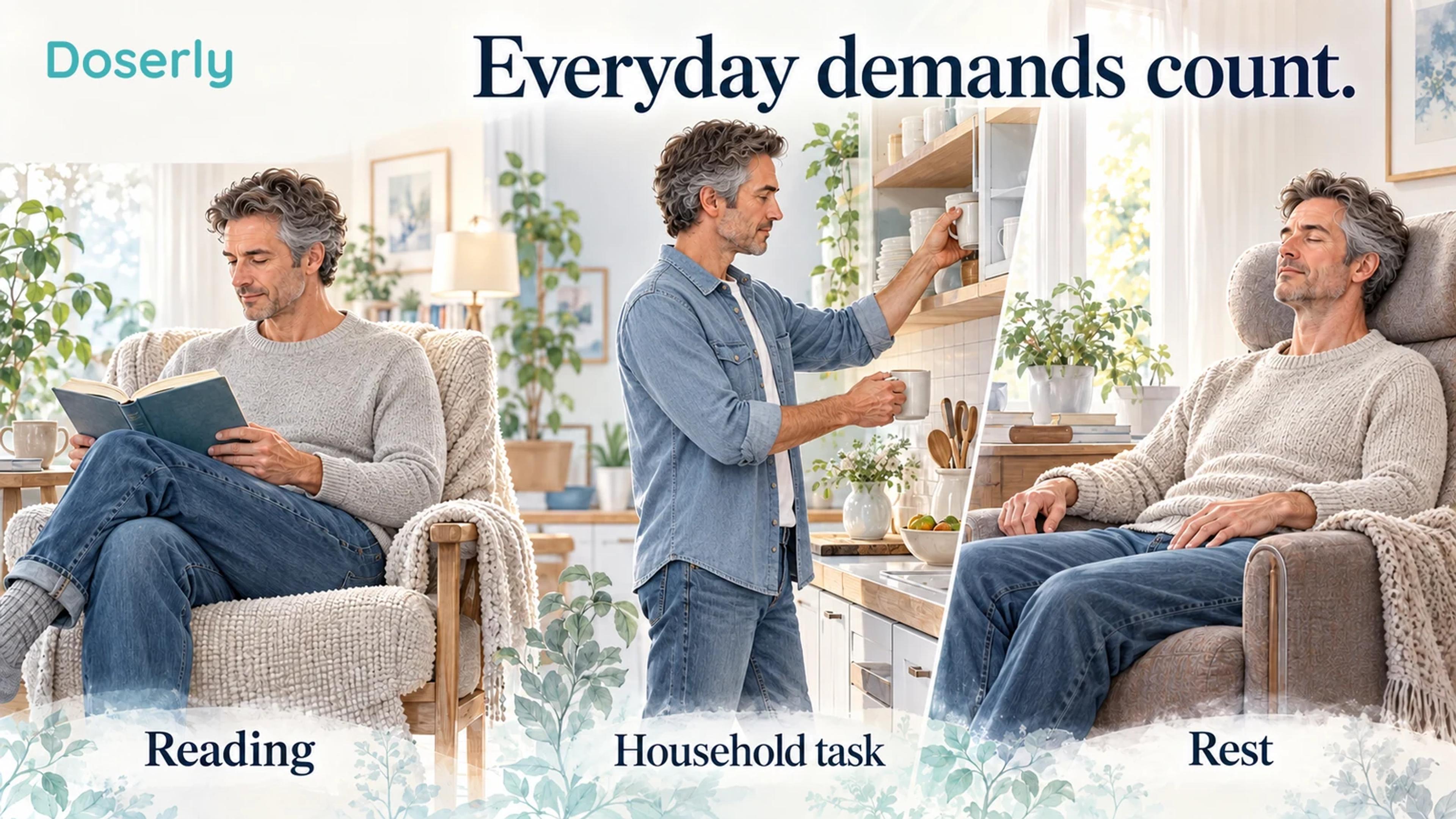 A conceptual daily-life scene shows reading, a brief household task and seated rest as different demands on a person living with fatigue.