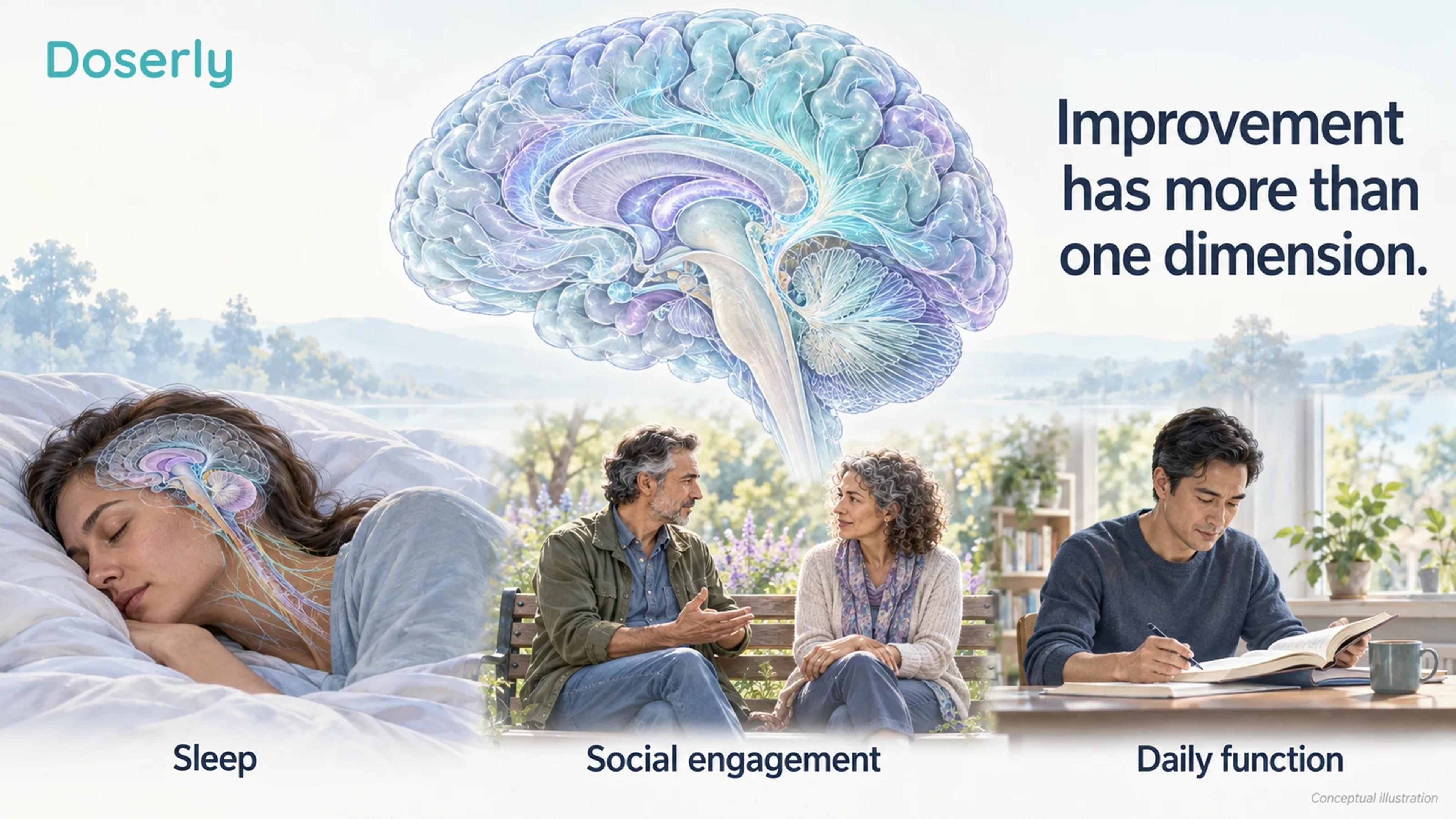 Conceptual brain anatomy accompanies separate scenes of sleep, social engagement, and everyday task completion.