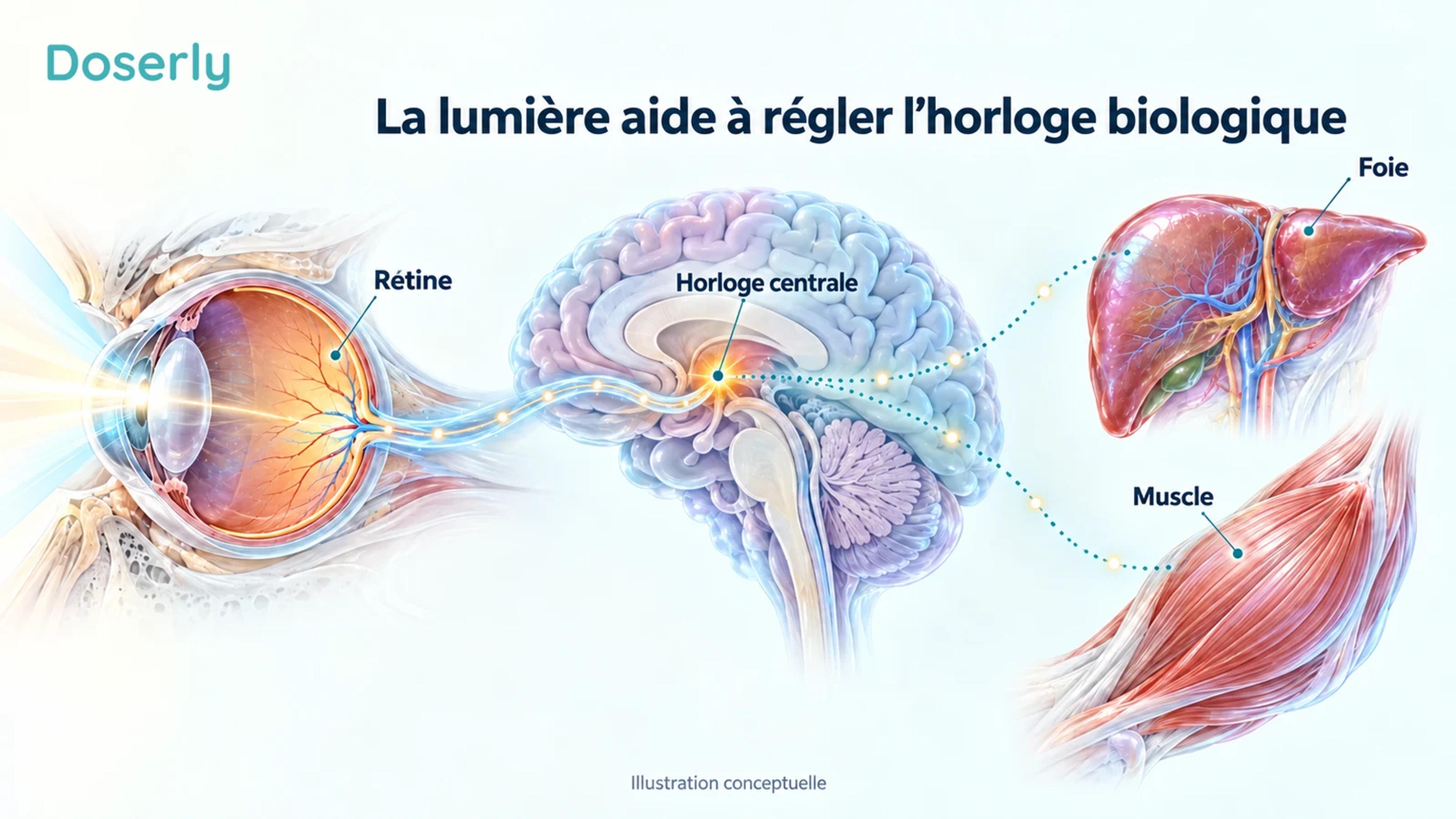 Des signaux lumineux conceptuels passent de la rétine à l’horloge circadienne centrale, reliée aux rythmes du foie et des muscles.