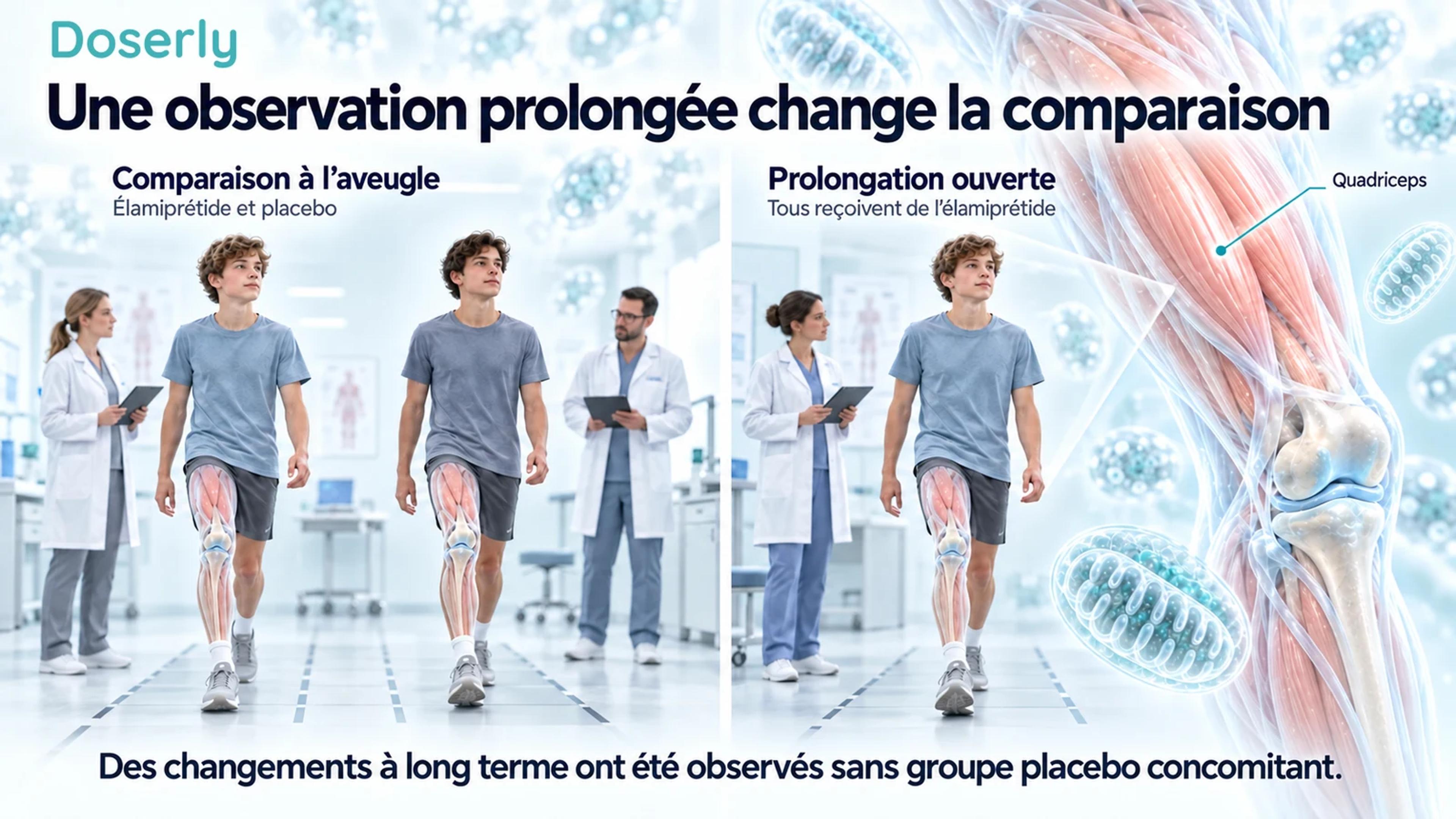 Illustration d’évaluations de la marche à l’aveugle à côté d’une scène de suivi ouvert et de l’anatomie du quadriceps.