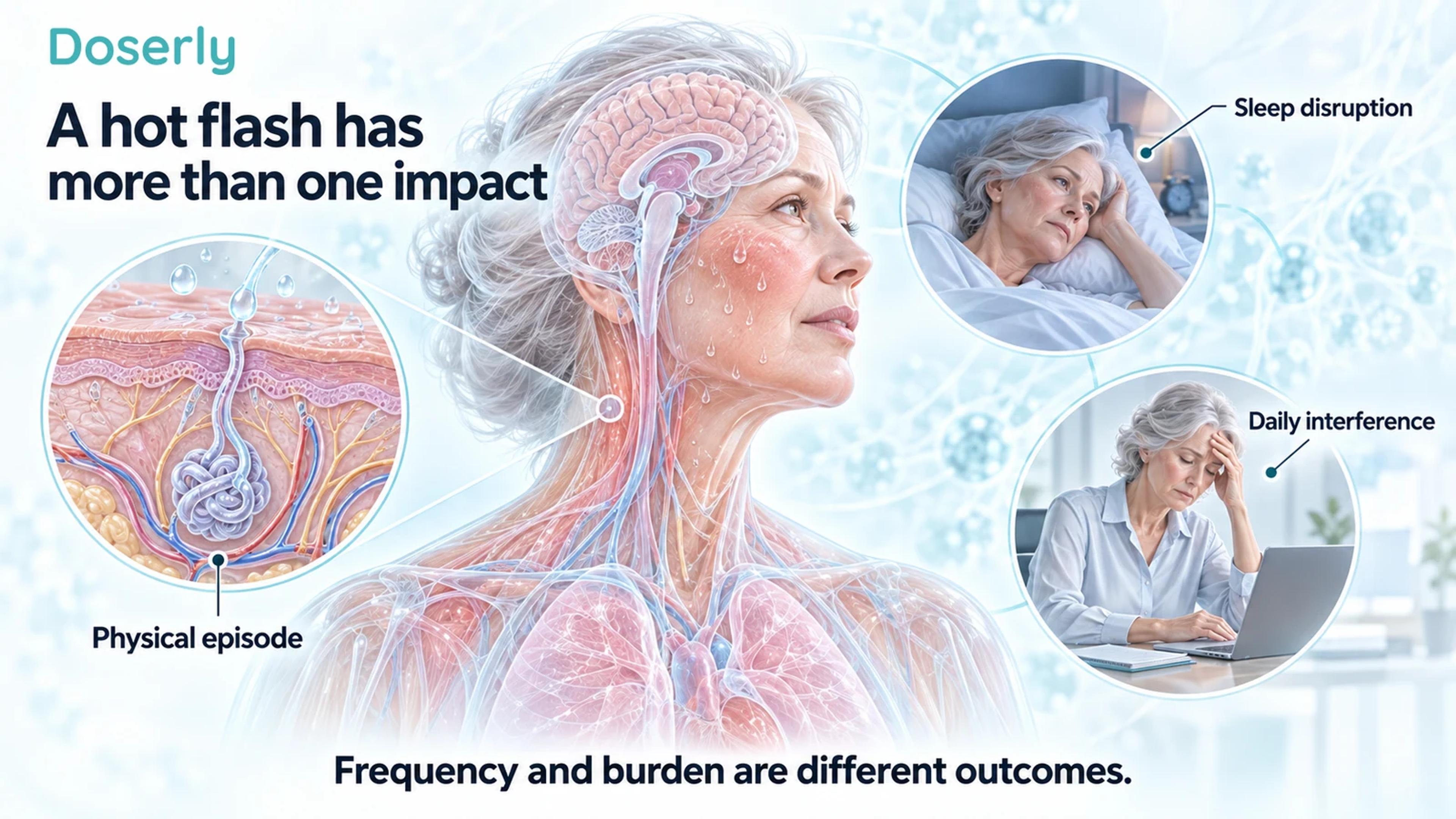 Translucent female brain and upper-body anatomy with a sweat-gland inset, a daytime activity scene and a woman awake at night.