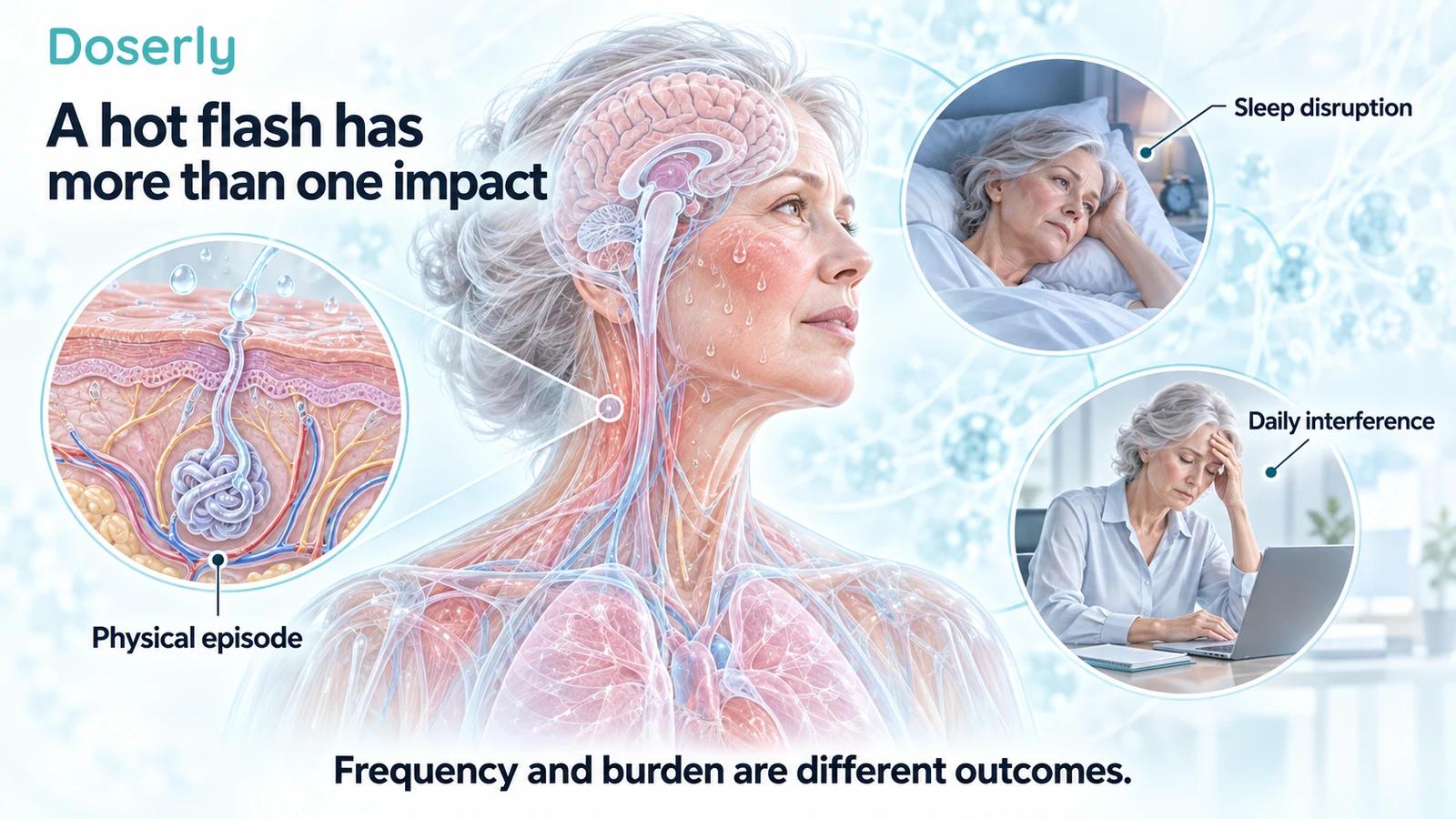 Translucent female brain and upper-body anatomy with a sweat-gland inset, a daytime activity scene and a woman awake at night.