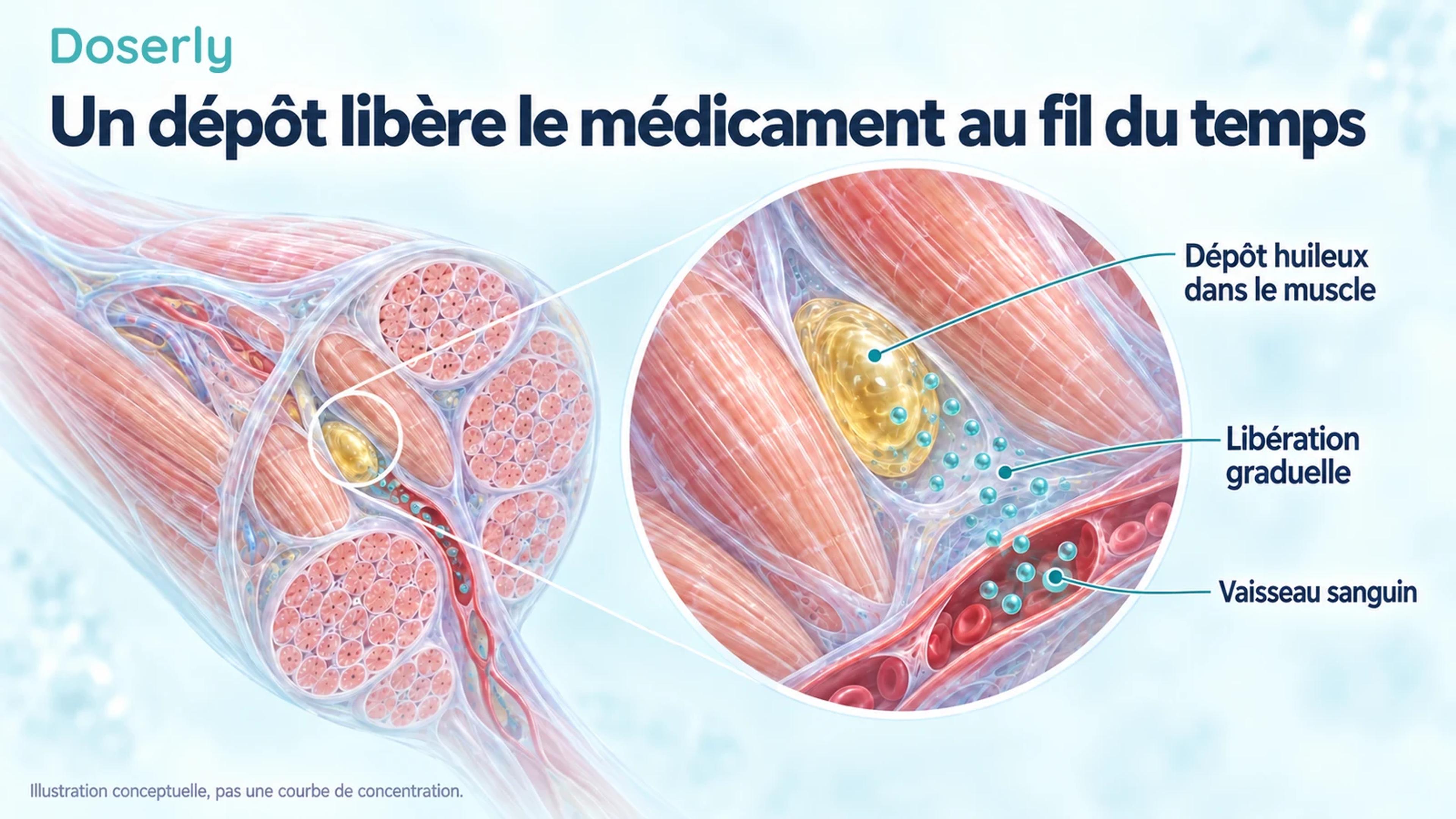 Des fibres musculaires détaillées entourent un dépôt huileux près d’un petit vaisseau sanguin, illustrant la libération graduelle du médicament dans la circulation.