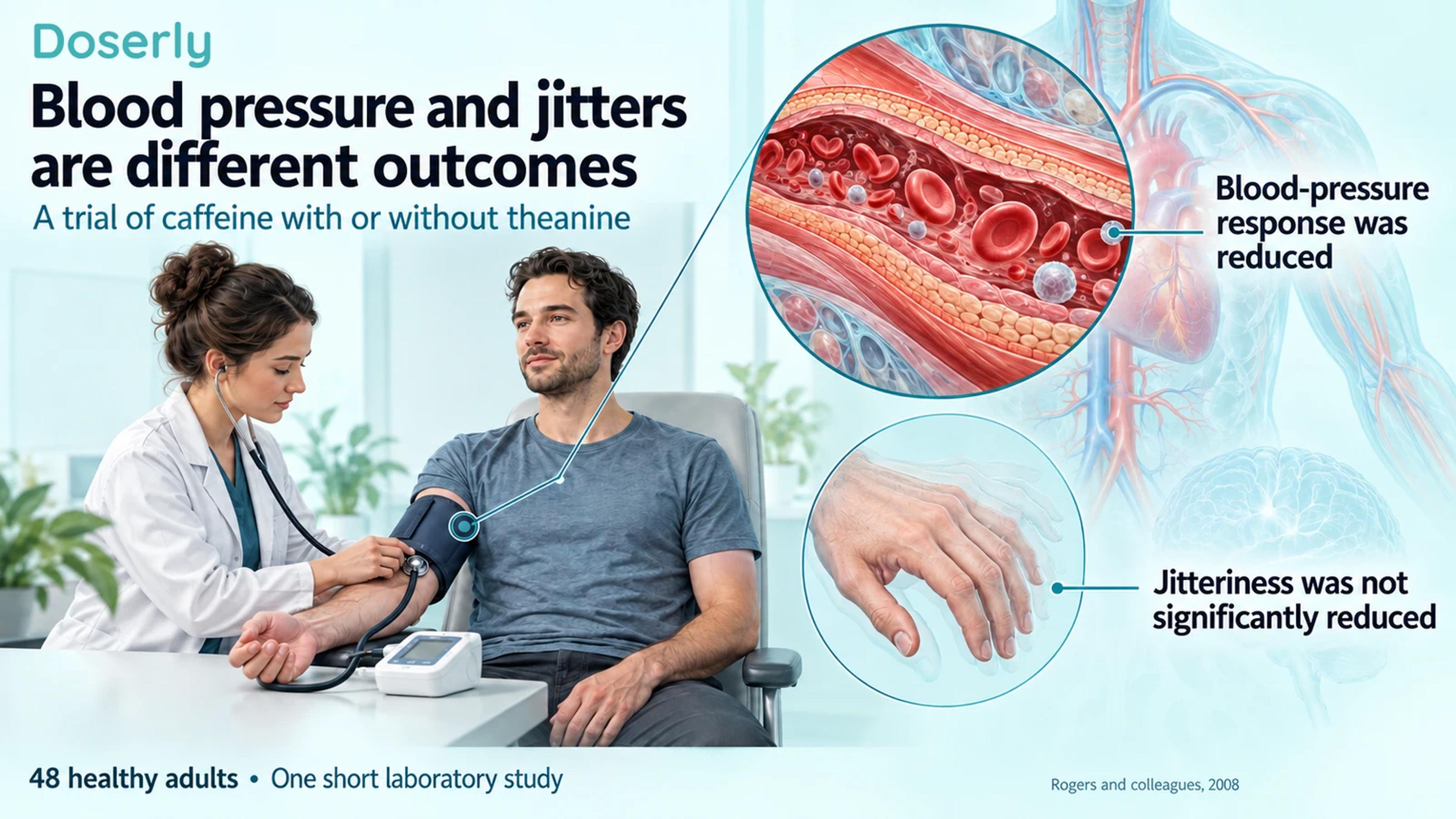 A blood-pressure measurement with magnified artery and hand illustrations, separating the blood-pressure result from the jitteriness result.