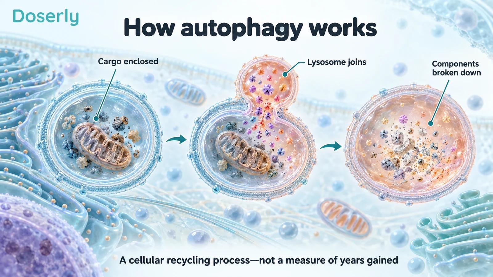 Detailed cellular compartments illustrating cargo enclosure, fusion with a lysosome and breakdown of enclosed material.