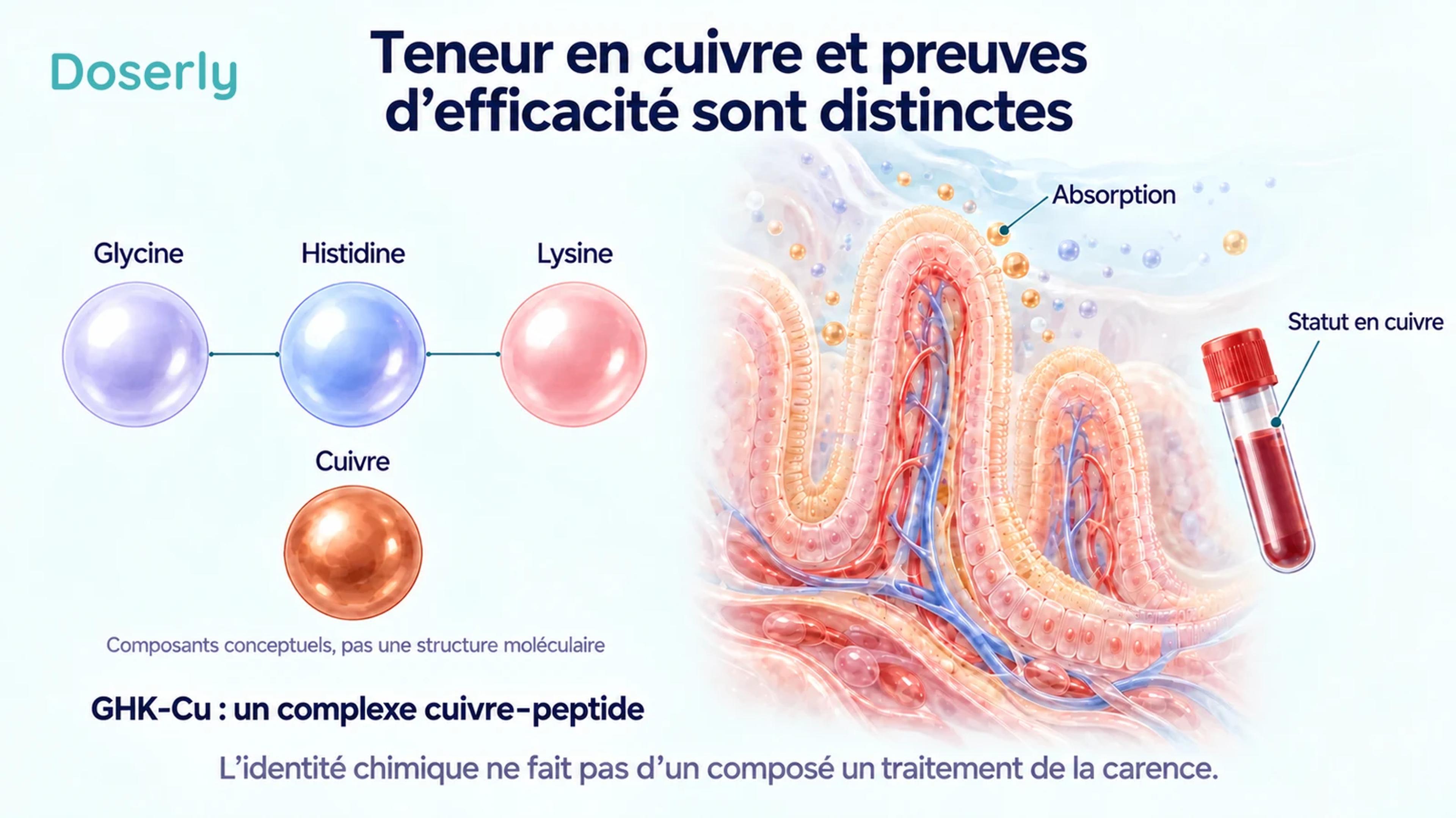 Représentation conceptuelle des composants glycine, histidine, lysine et cuivre à côté d’une anatomie intestinale et d’un échantillon de sang.
