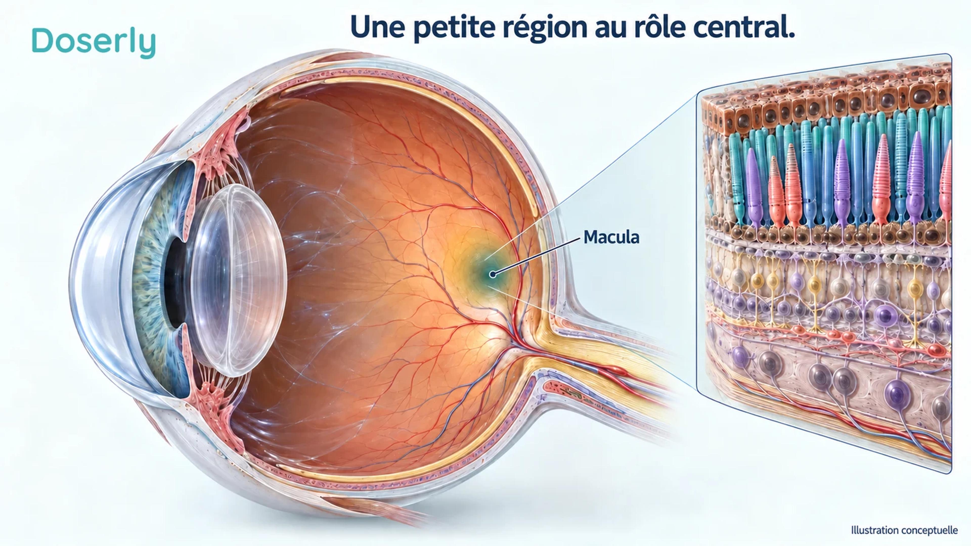 Une coupe de l’œil humain situe la macula dans la rétine, à côté d’un modèle anatomique agrandi de la rétine.