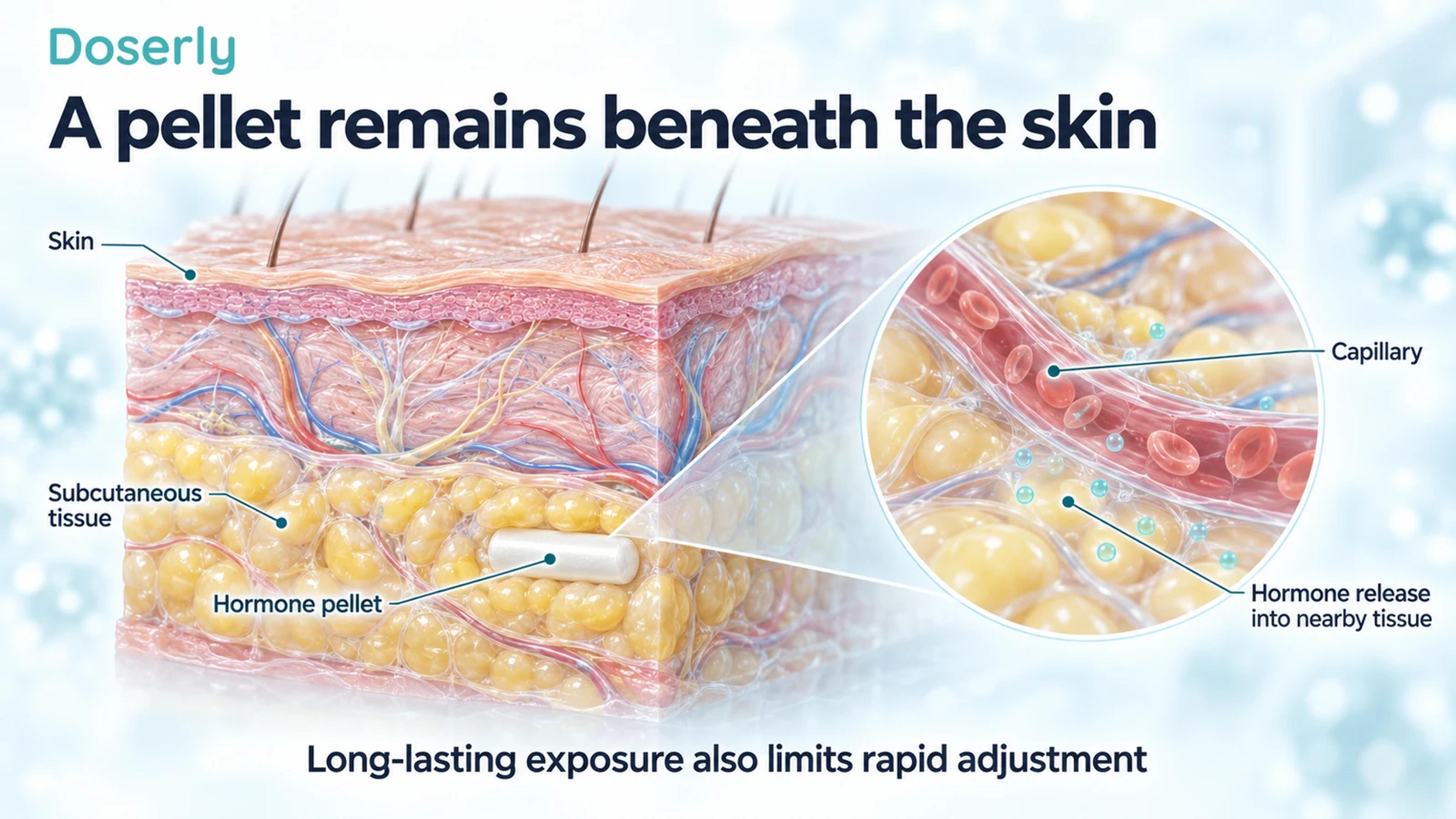 A detailed skin cutaway showing a hormone pellet within subcutaneous tissue and nearby capillaries.