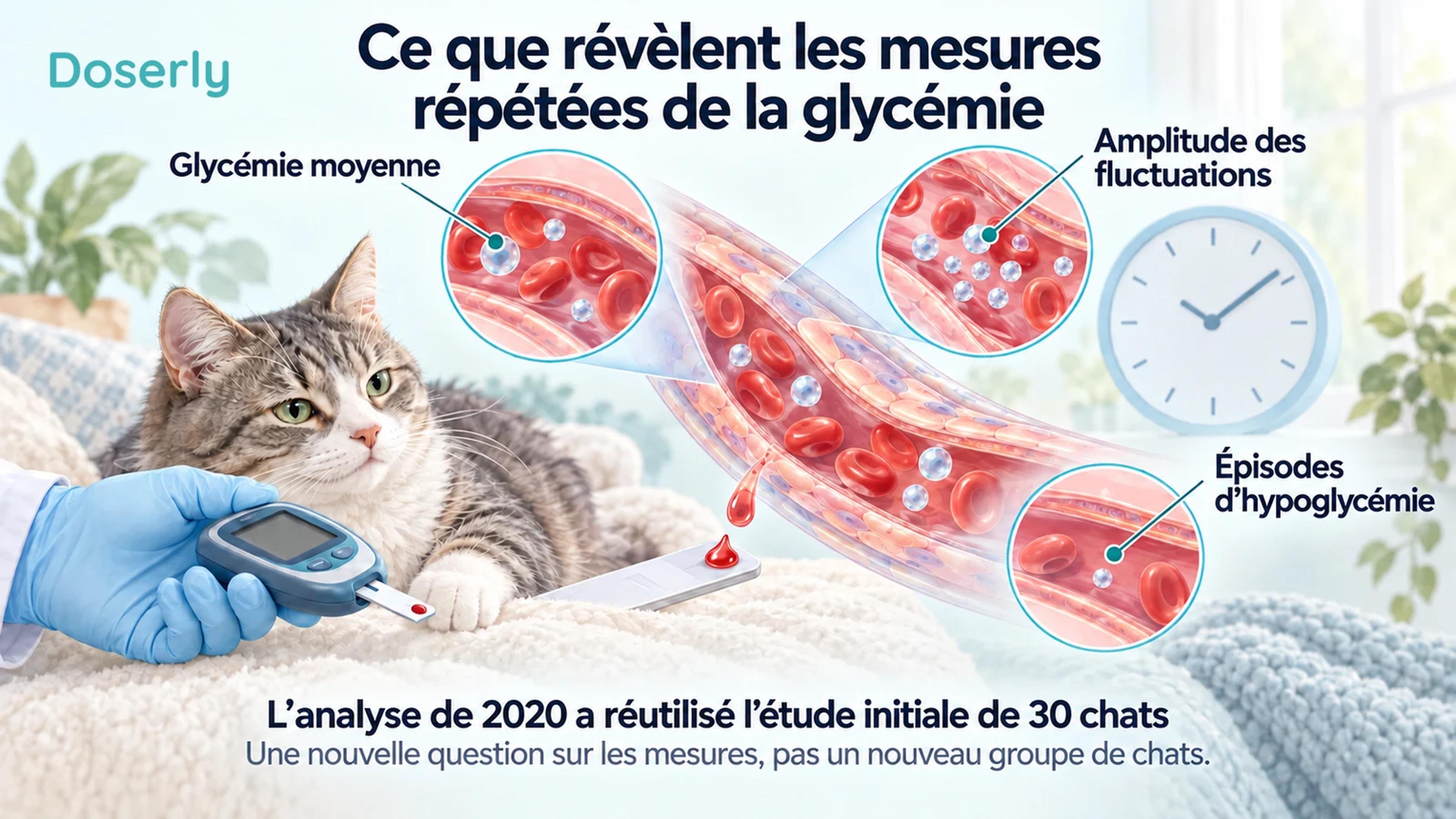 Un chat près d’un lecteur de glycémie, d’une illustration de prélèvement et d’une horloge présente la glycémie moyenne, la variabilité et les épisodes d’hypoglycémie comme des mesures distinctes.