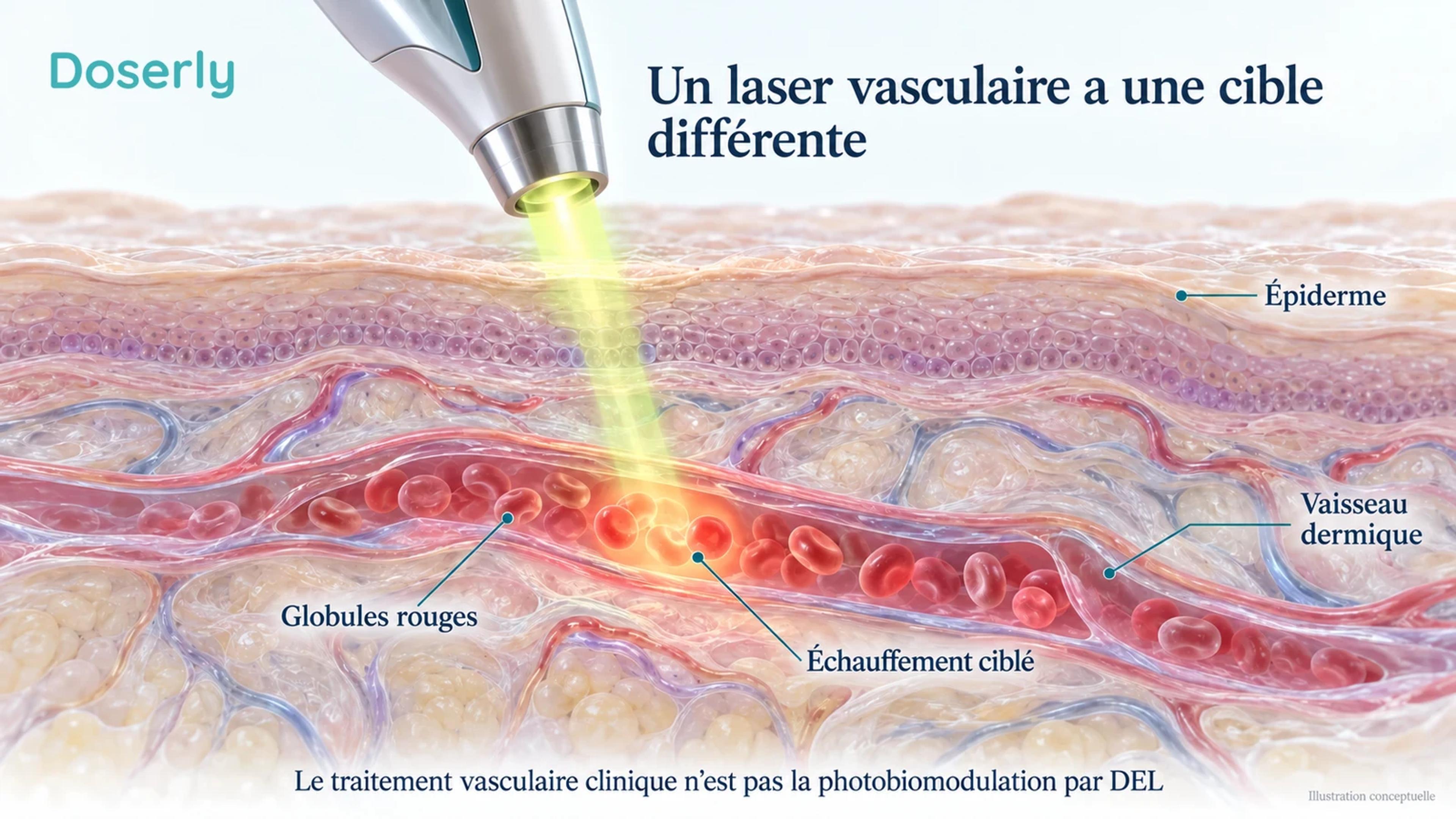 Coupe conceptuelle d’un vaisseau sanguin dermique contenant des globules rouges, sous une pièce à main de laser vasculaire clinique.