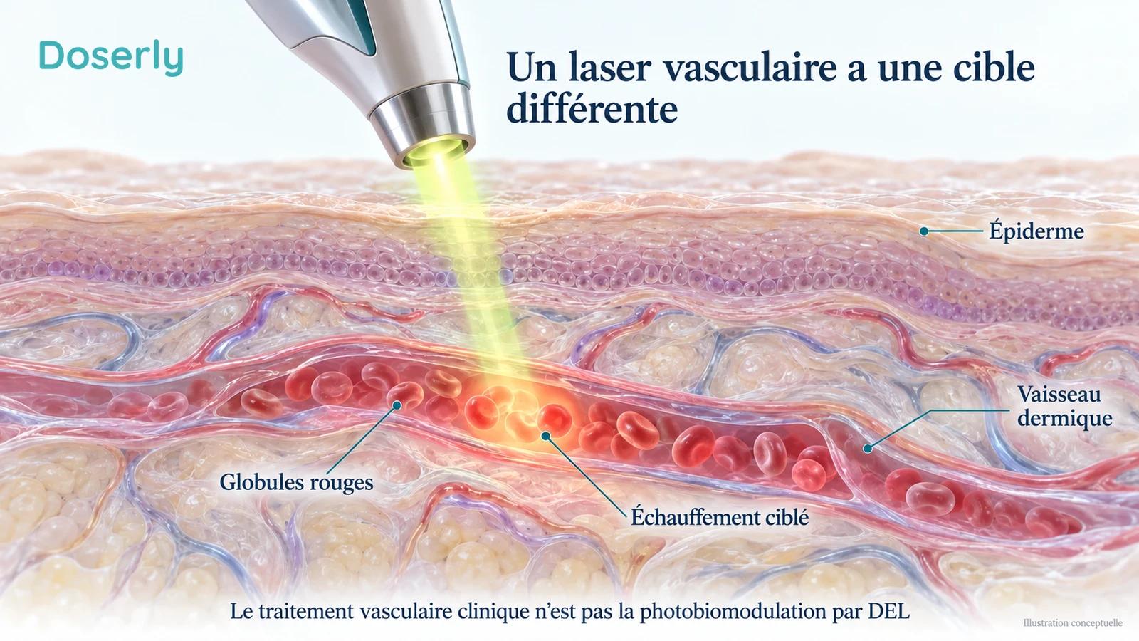Coupe conceptuelle d’un vaisseau sanguin dermique contenant des globules rouges, sous une pièce à main de laser vasculaire clinique.