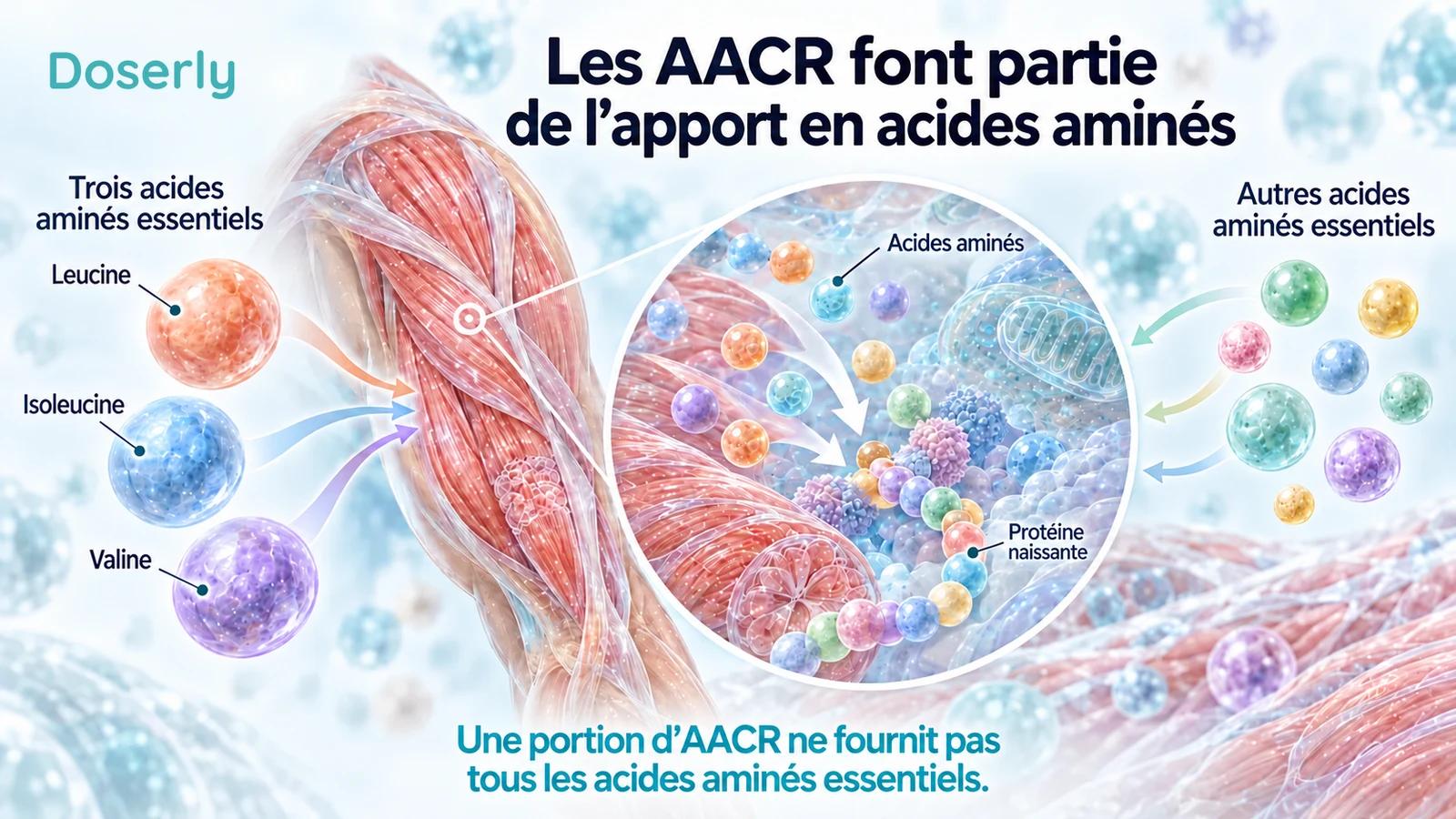 La leucine, l’isoleucine et la valine sont présentées séparément des autres acides aminés essentiels, à côté d’une scène conceptuelle d’assemblage de protéines musculaires.