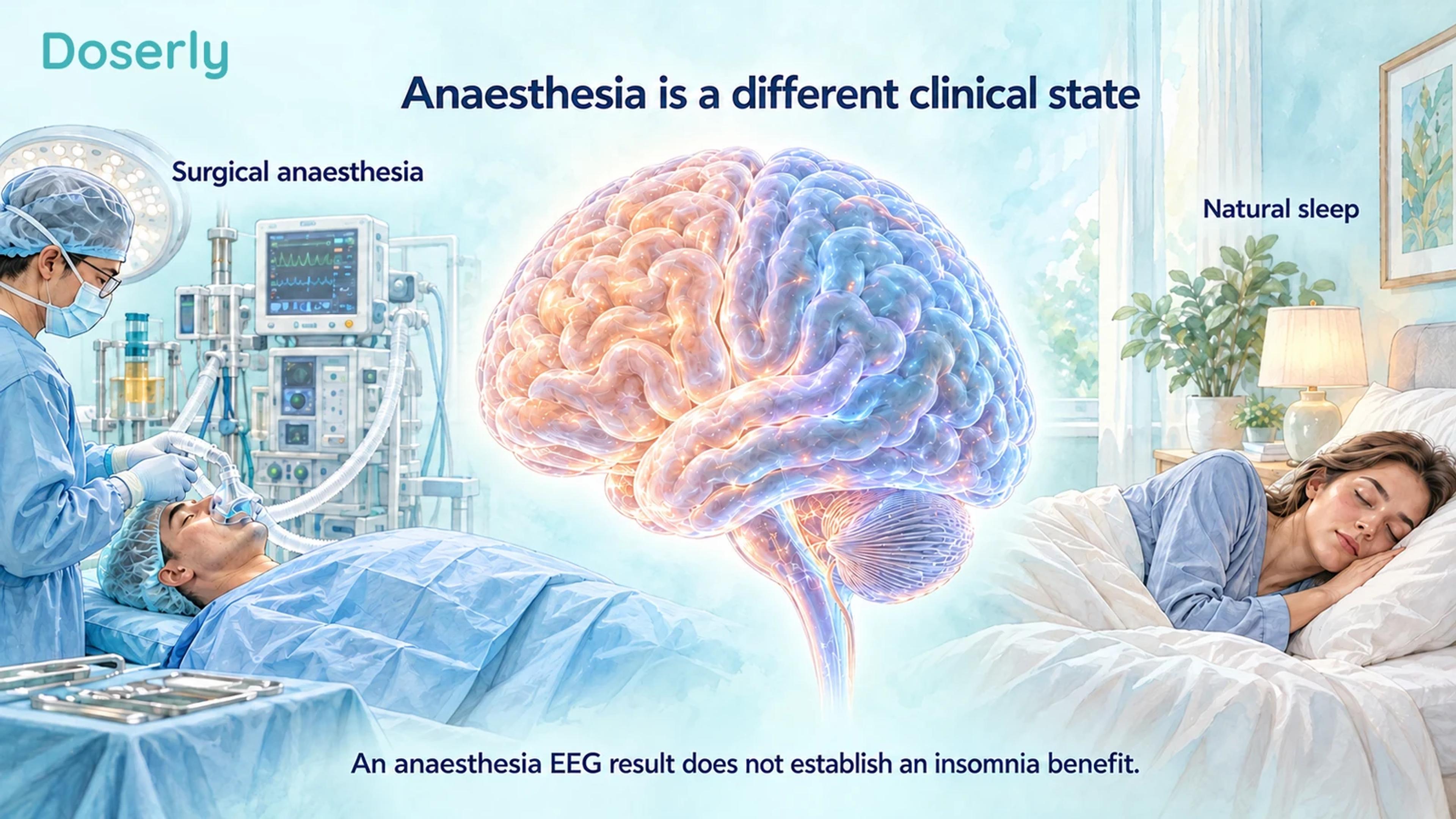 Surgical anaesthesia and natural sleep depicted as separate clinical contexts beside a conceptual brain.