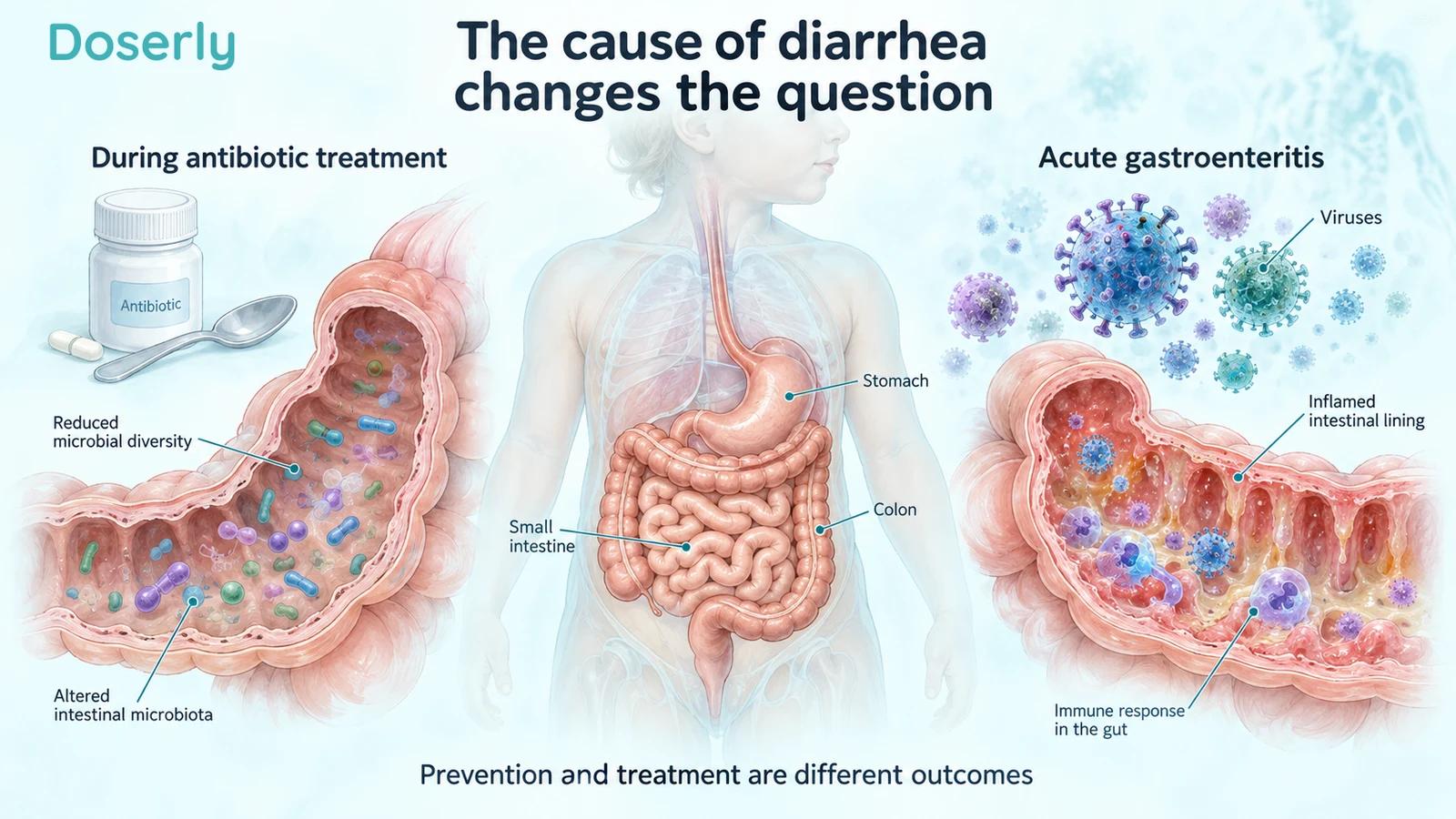 Antibiotic exposure and acute gastroenteritis illustrated as different intestinal contexts around a child's digestive anatomy.