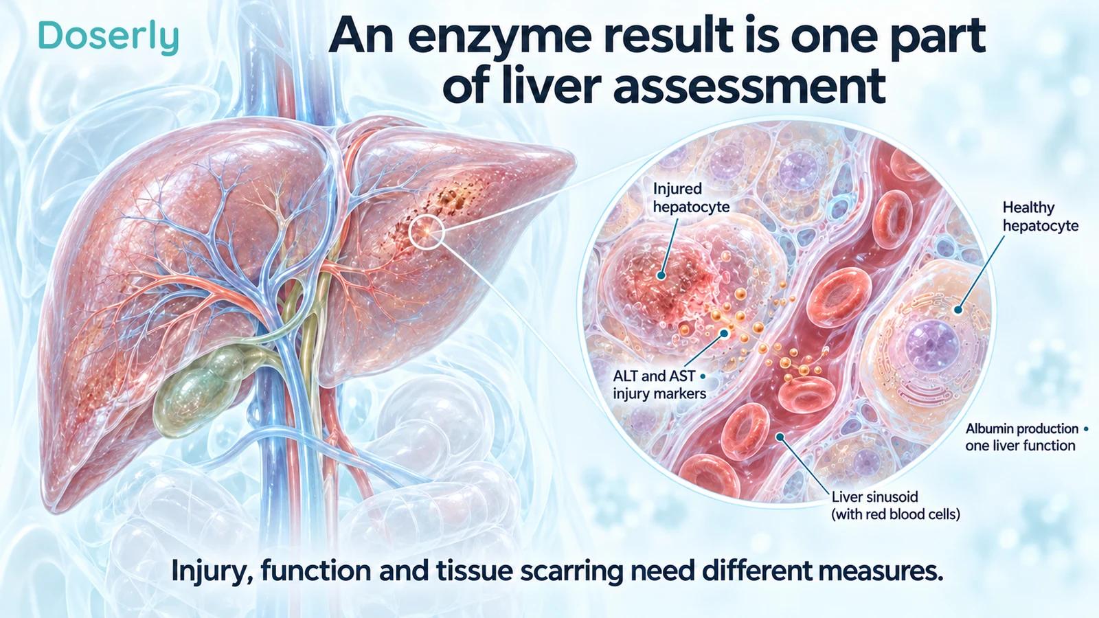 Translucent liver with hepatocyte and blood-vessel enlargement separates ALT and AST injury markers from albumin production as a liver function.