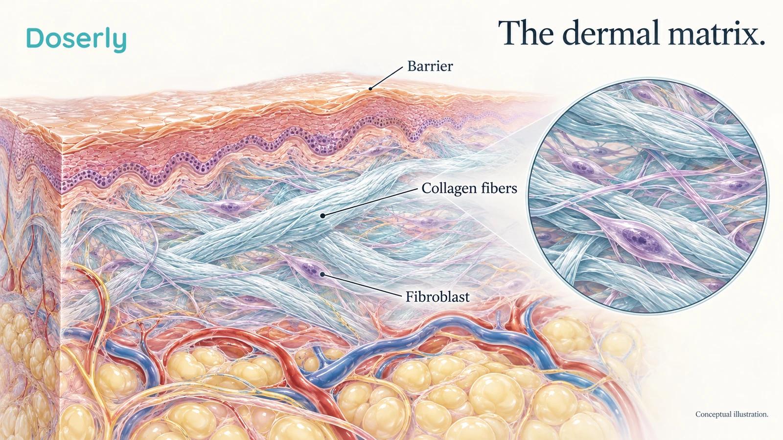 Detailed skin anatomy shows the surface barrier above a dermal network of collagen, elastic fibers and fibroblasts.