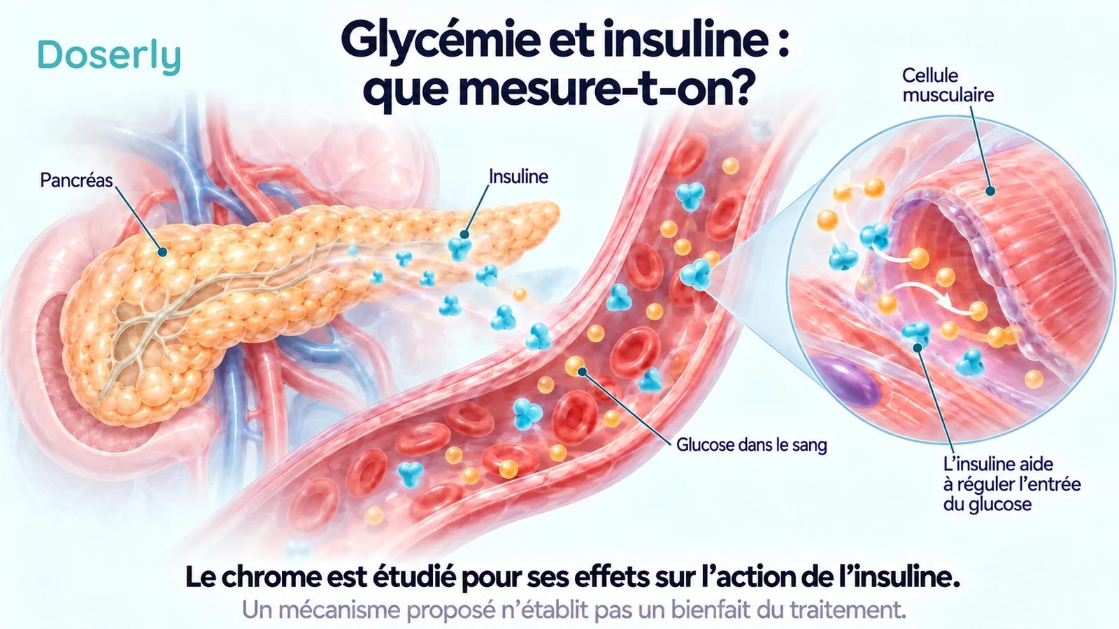 Pancréas translucide, vaisseau sanguin et cellule musculaire agrandie illustrant l’insuline et la régulation du glucose.