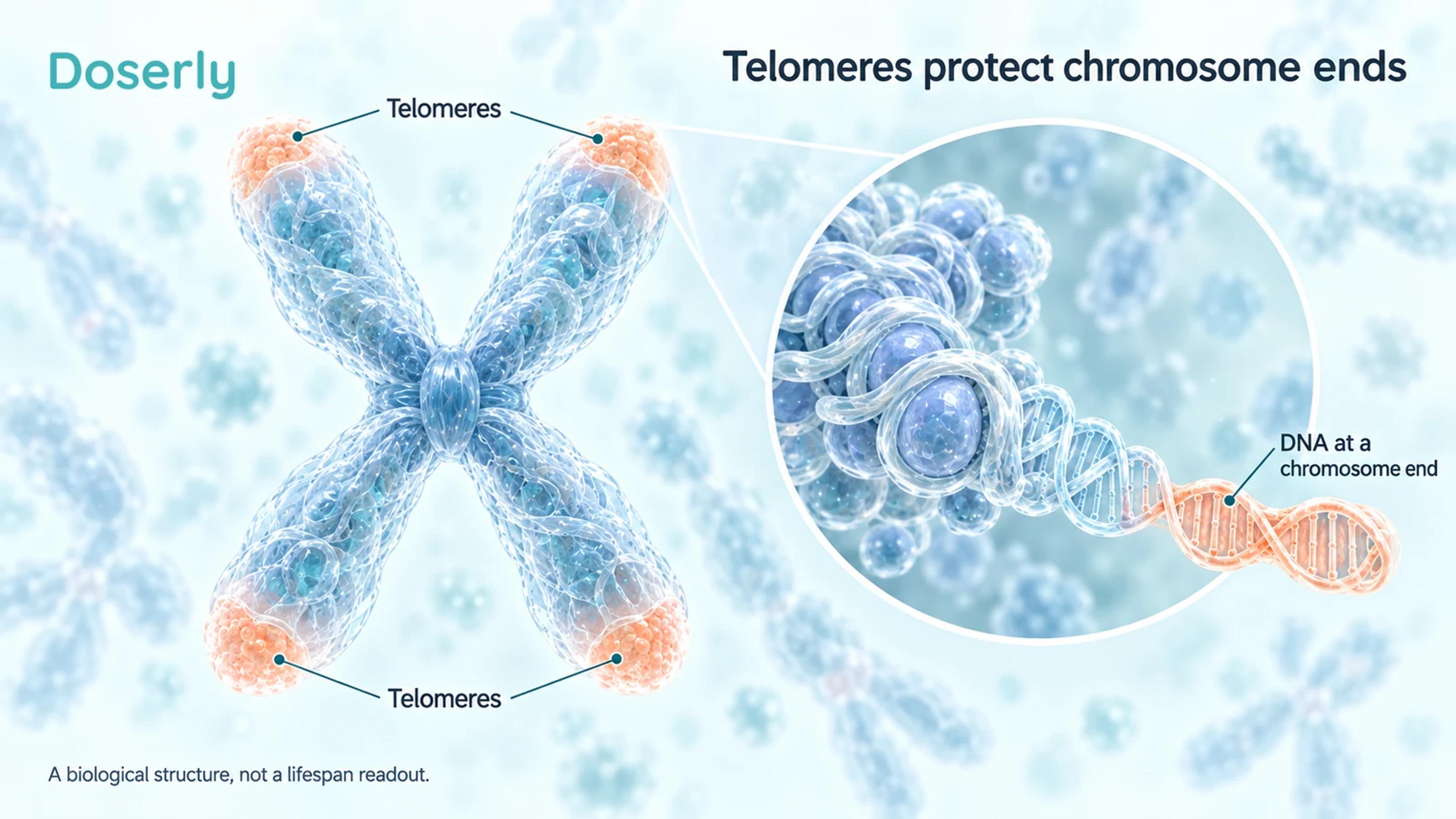 Detailed chromosome with telomeres highlighted at its ends and a magnified DNA-end inset